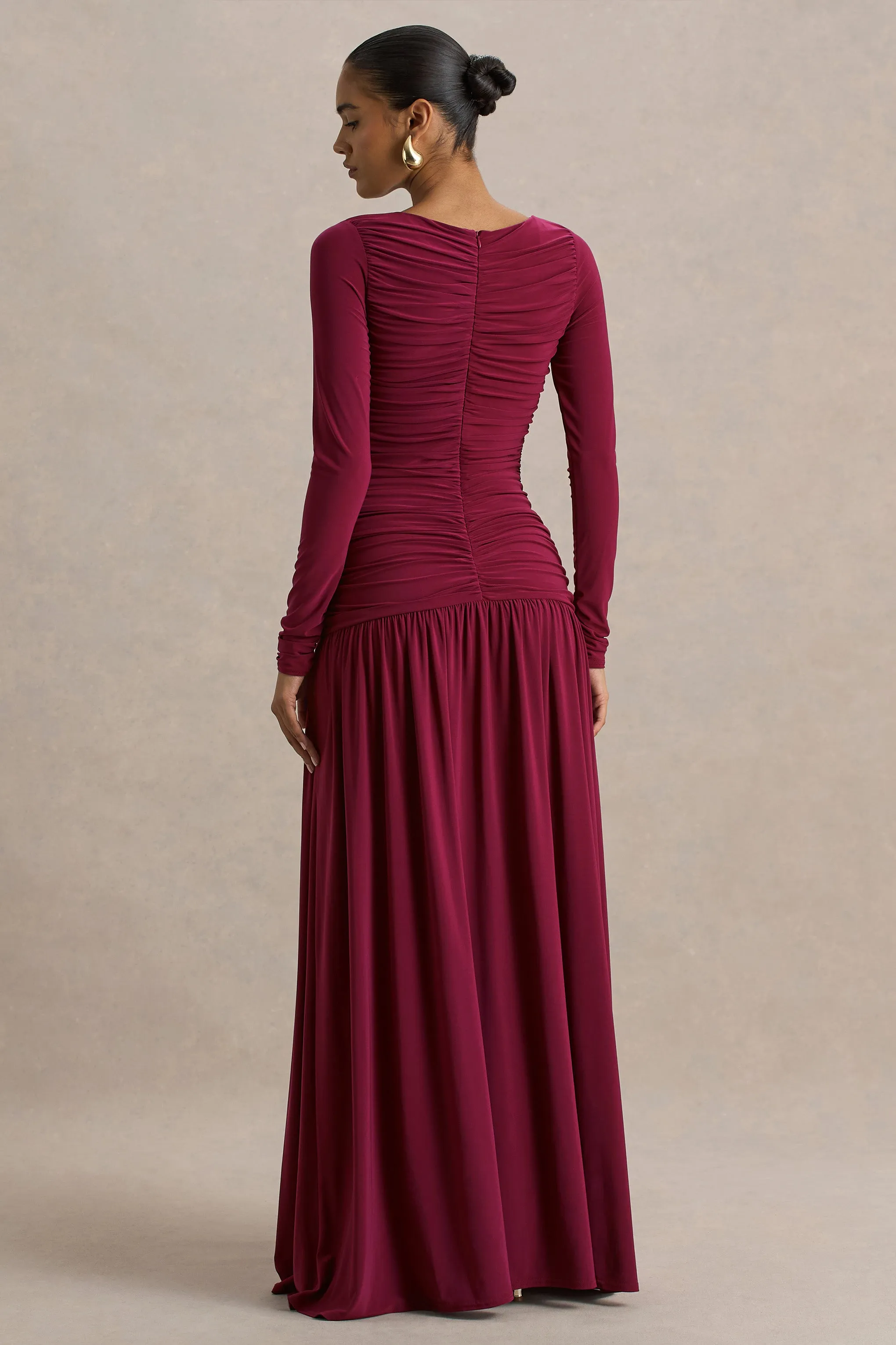 Aniyah | Burgundy Slashed-Neck Maxi Dress With Ruched Detailing sold by Club L London product image thumbnail 2