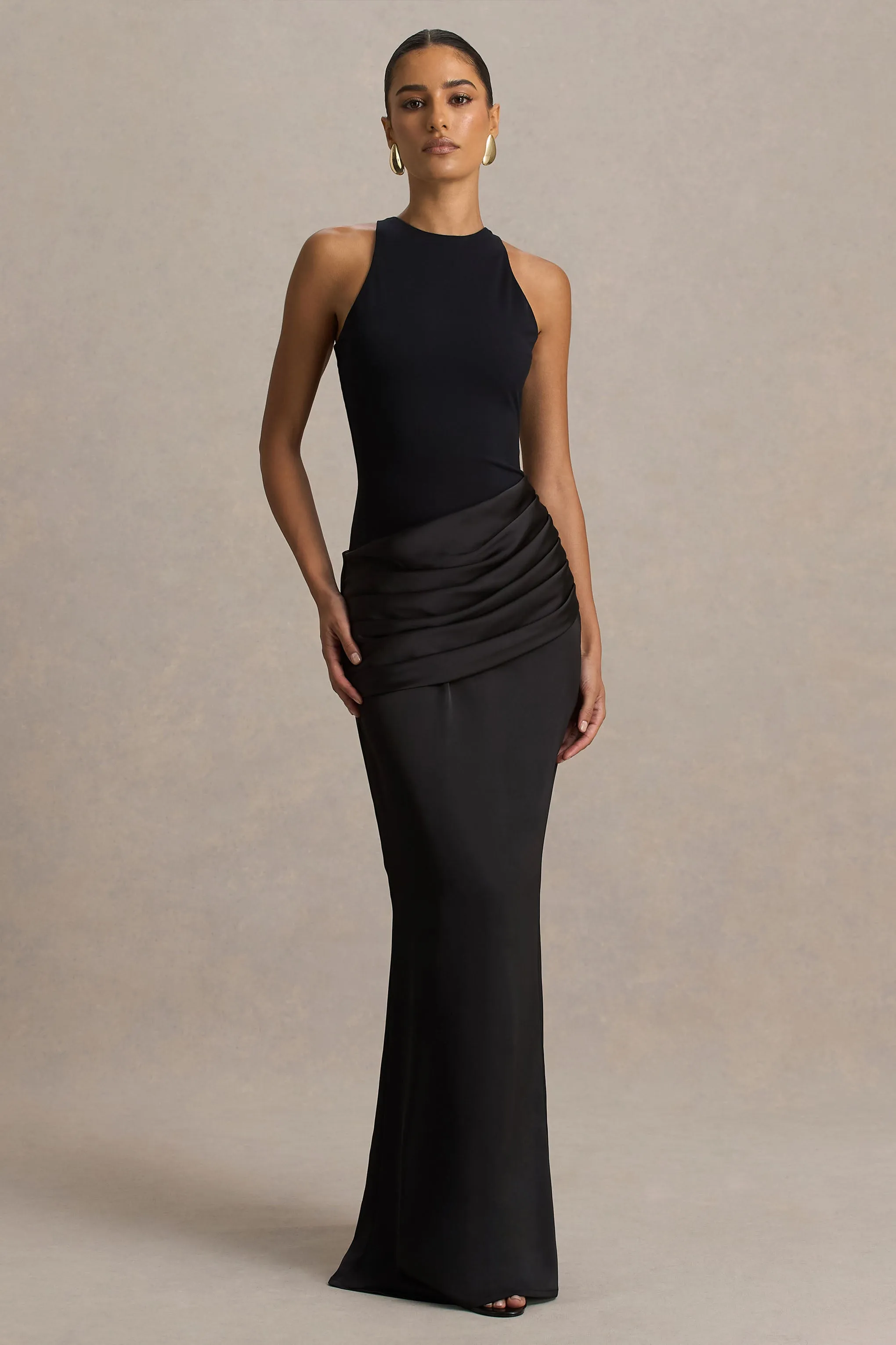 Akari | Black Crew-Neck Maxi Dress With Satin Skirt sold by Club L London product image thumbnail 4
