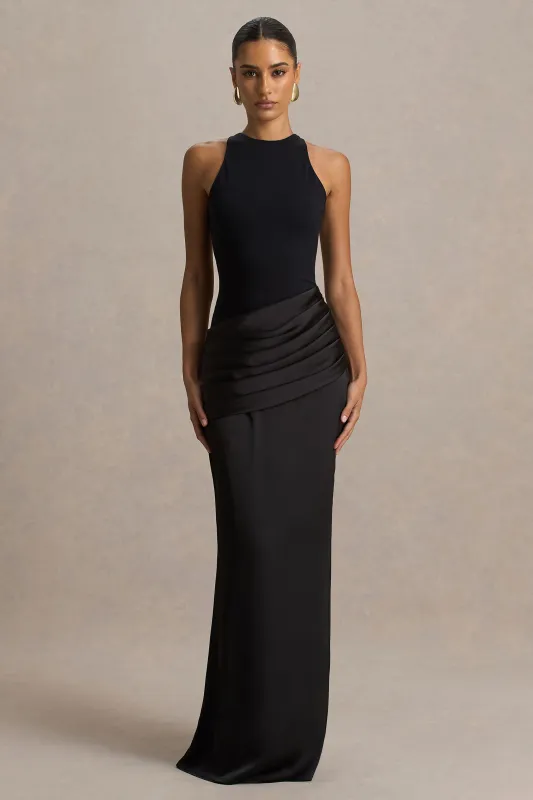 Akari | Black Crew-Neck Maxi Dress With Satin Skirt sold by Club L London