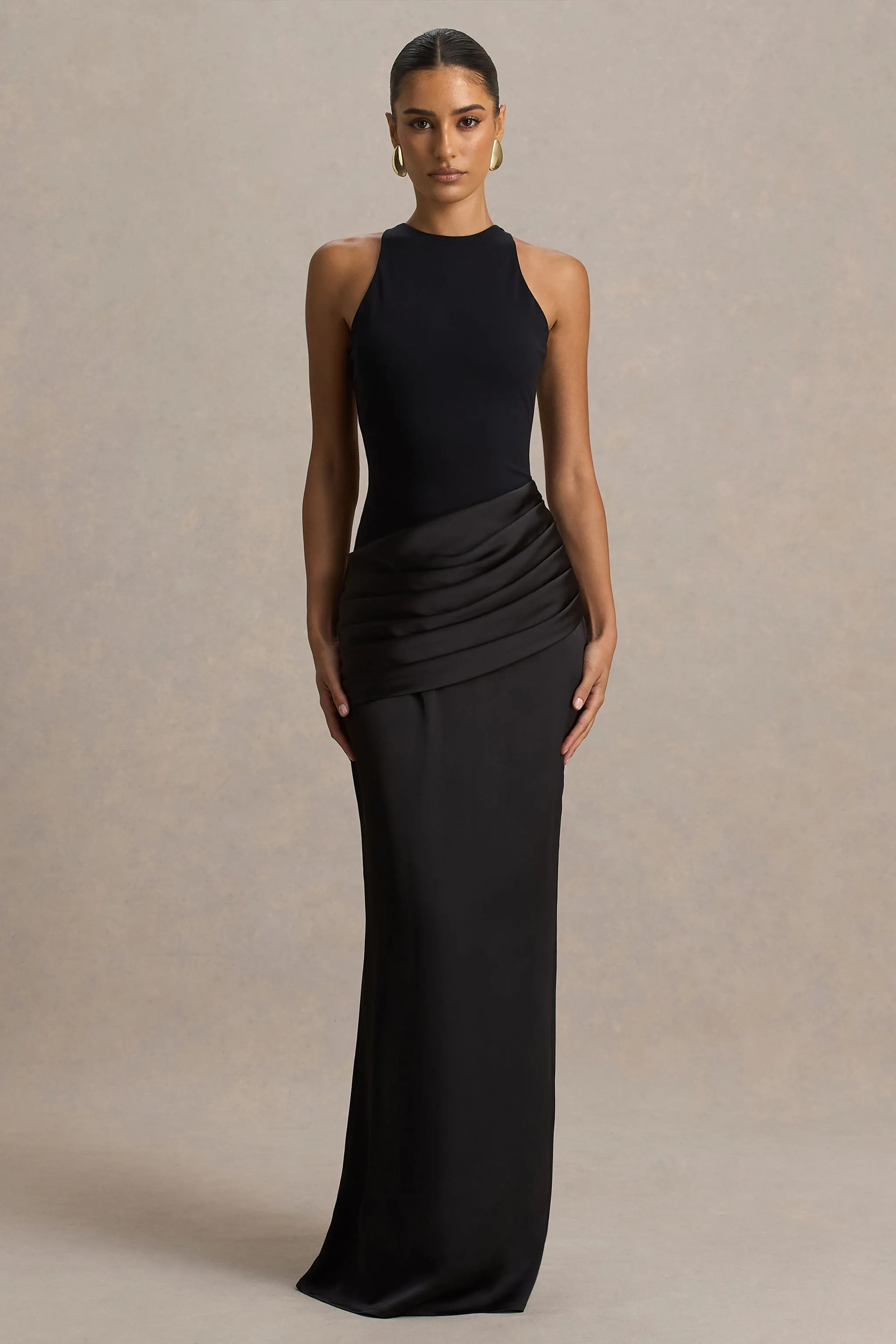 Akari | Black Crew-Neck Maxi Dress With Satin Skirt sold by Club L London