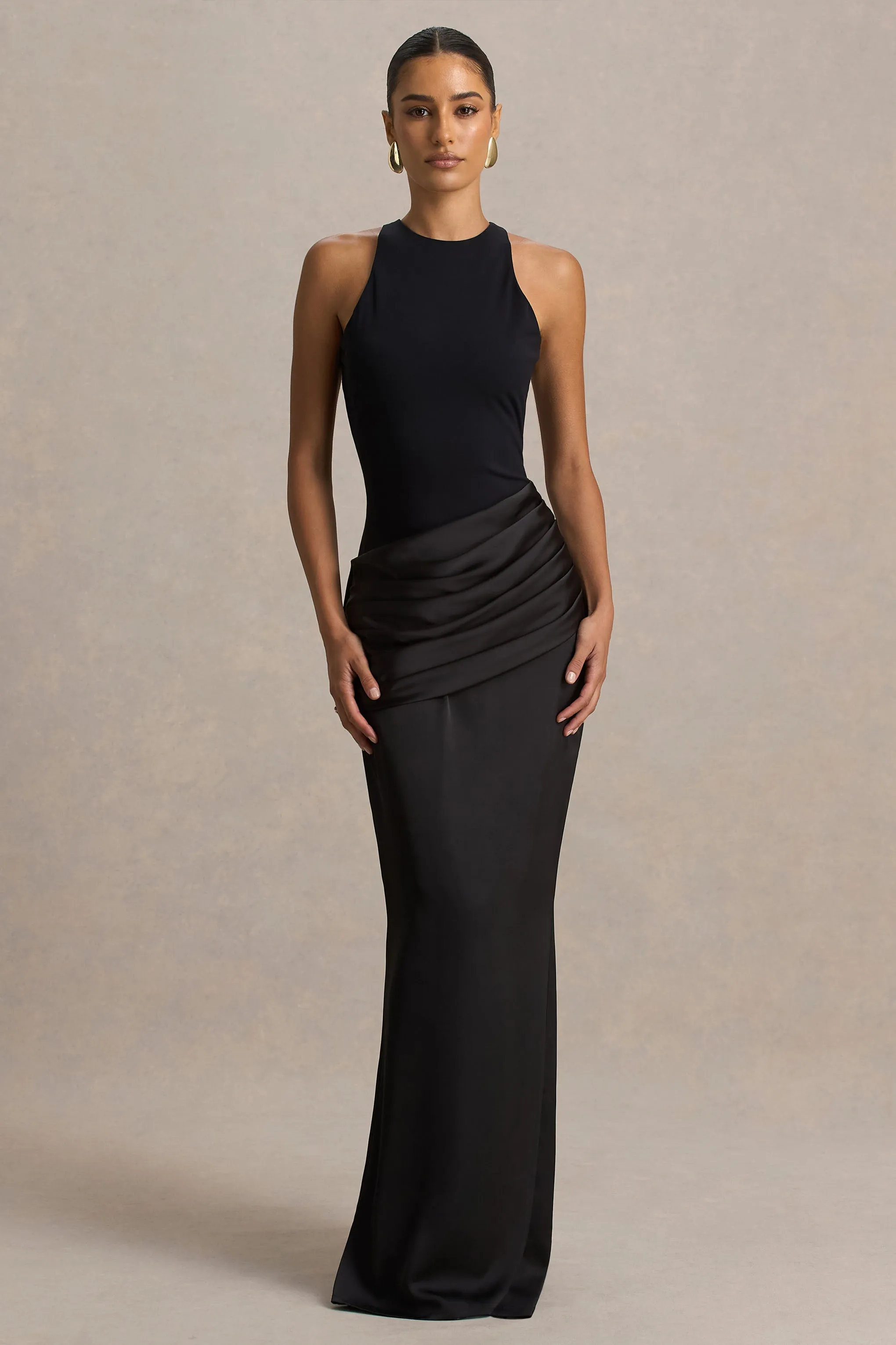 Akari | Black Crew-Neck Maxi Dress With Satin Skirt sold by Club L London product image thumbnail 5