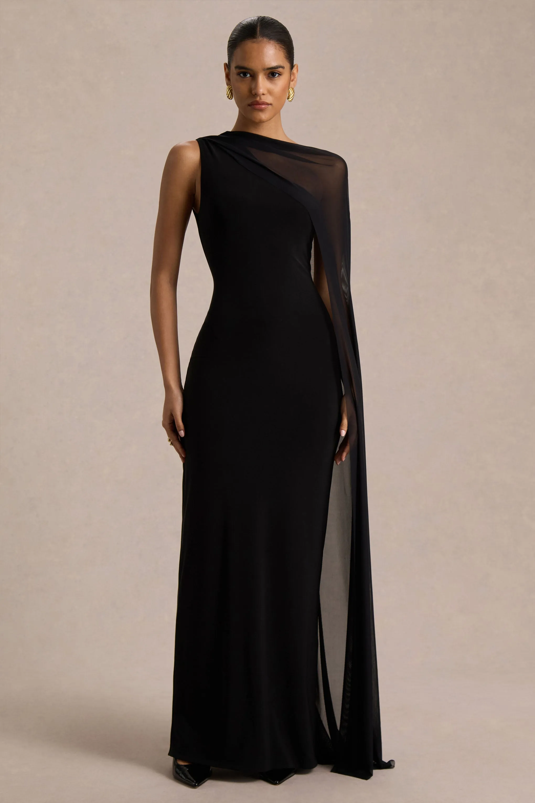 Mirelle | Black Asymmetric-Neck Maxi Dress With Sheer Cape-Sleeve sold by Club L London product image thumbnail 4