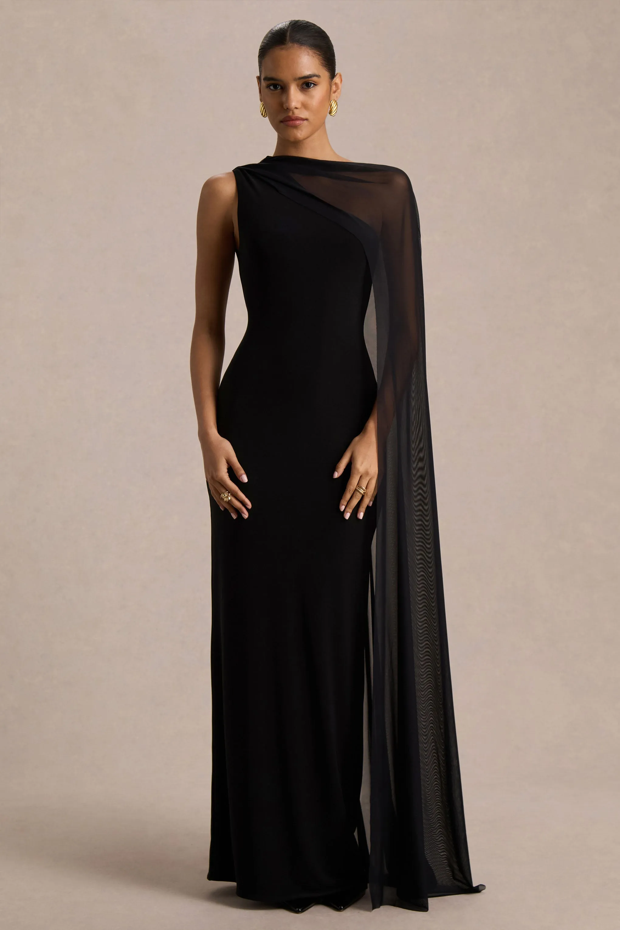 Mirelle | Black Asymmetric-Neck Maxi Dress With Sheer Cape-Sleeve sold by Club L London