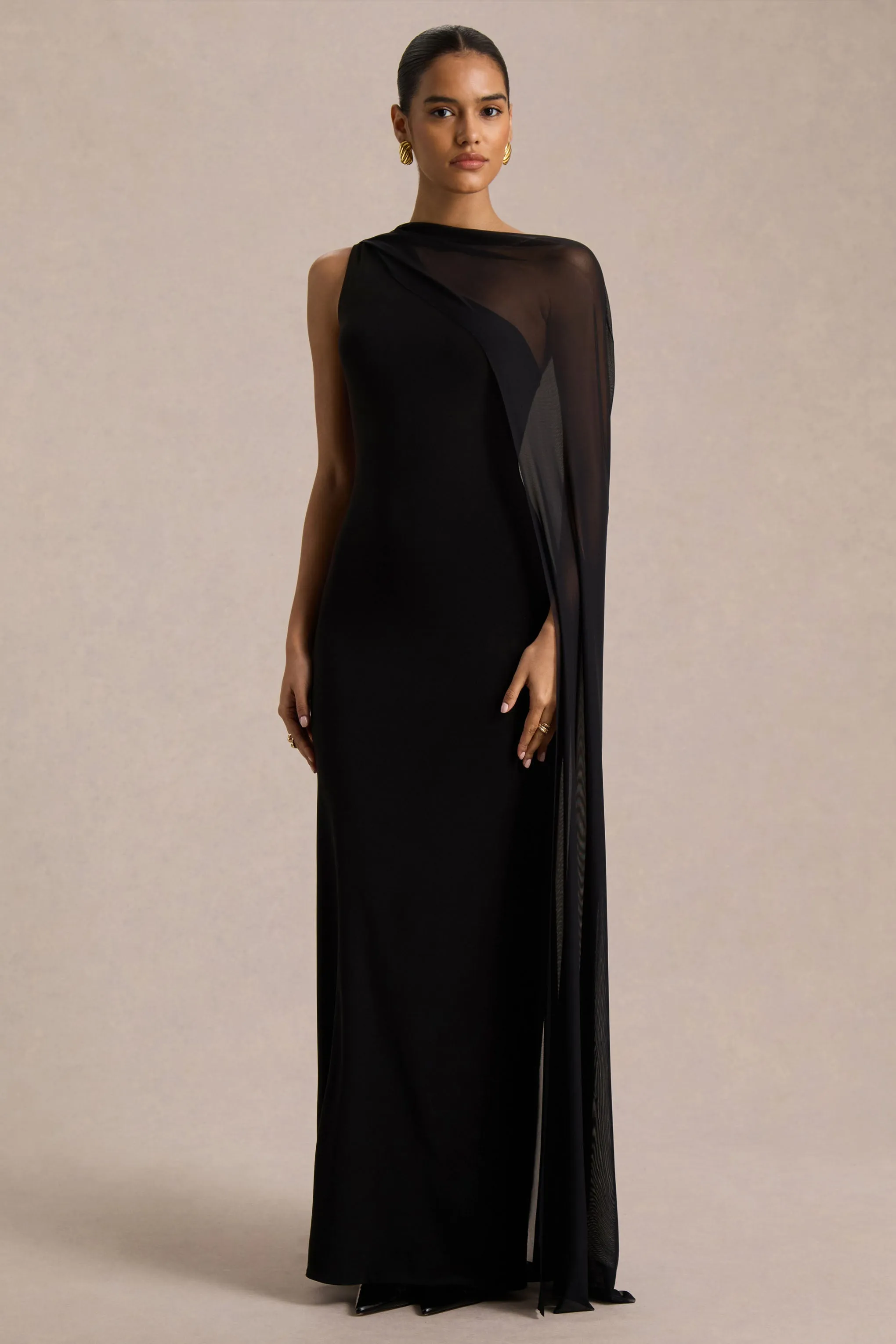 Mirelle | Black Asymmetric-Neck Maxi Dress With Sheer Cape-Sleeve sold by Club L London product image thumbnail 5