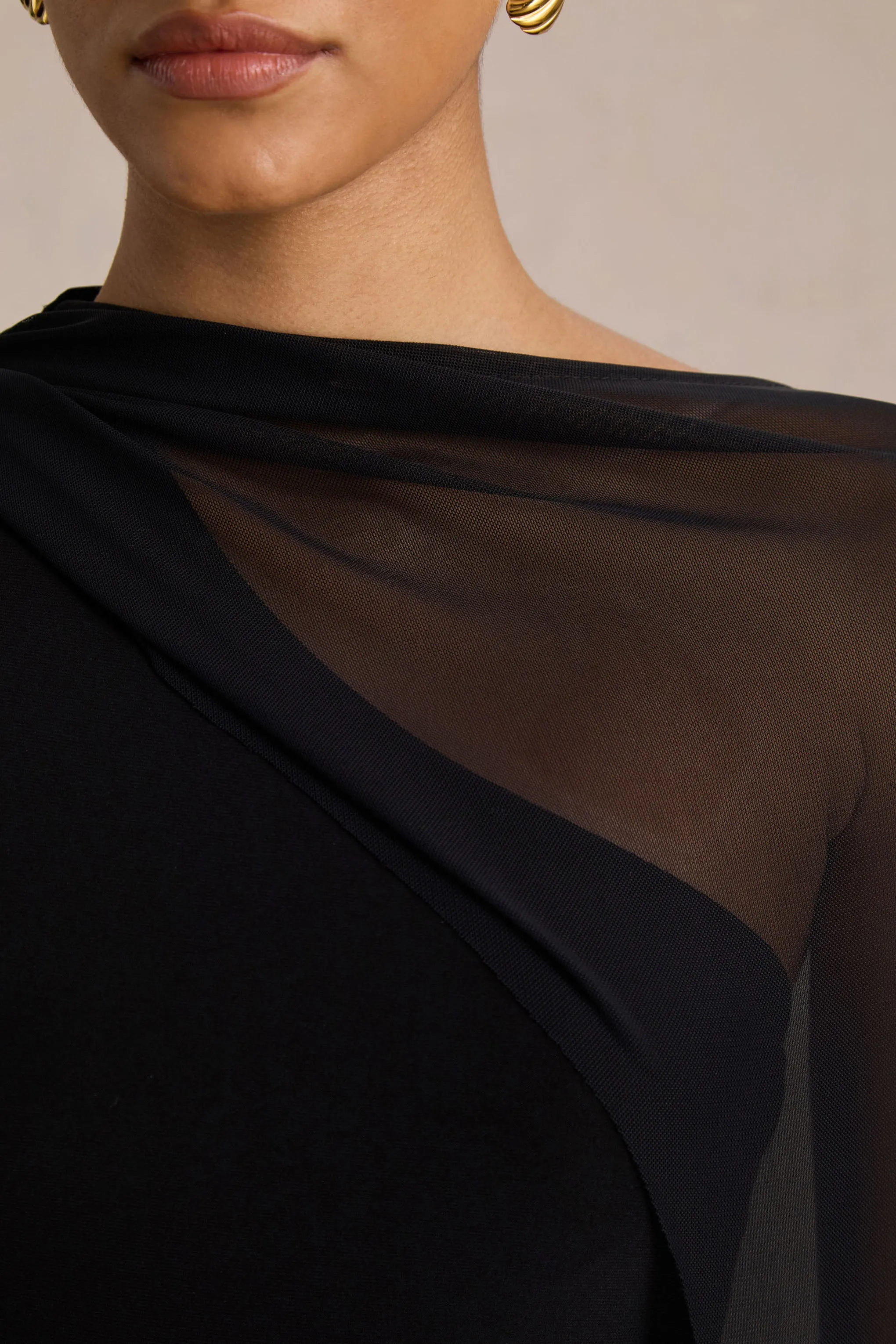 Mirelle | Black Asymmetric-Neck Maxi Dress With Sheer Cape-Sleeve sold by Club L London product image thumbnail 3