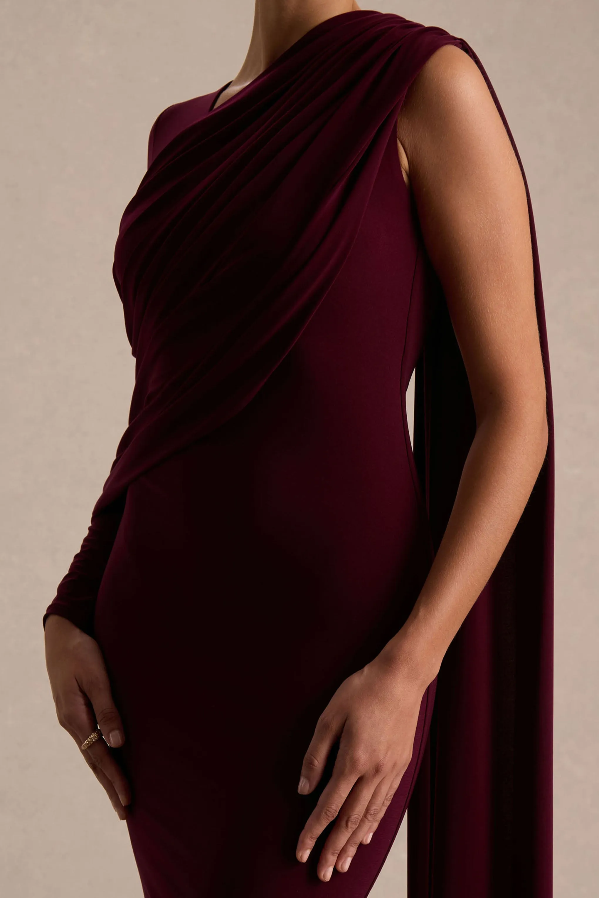 Rubelle | Burgundy Asymmetric Neck Maxi Dress With Draped Detailing sold by Club L London product image thumbnail 4