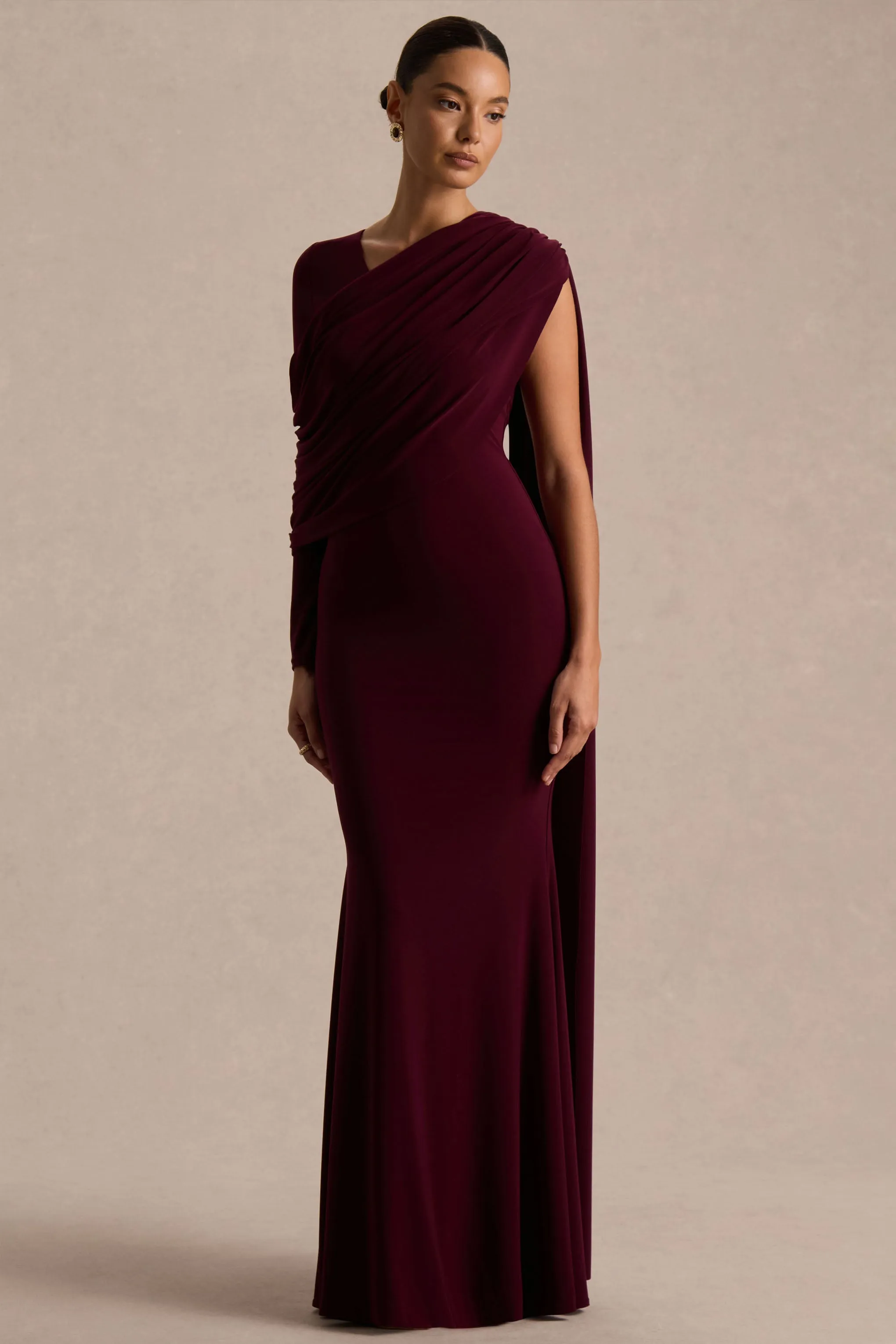 Rubelle | Burgundy Asymmetric Neck Maxi Dress With Draped Detailing sold by Club L London product image thumbnail 5