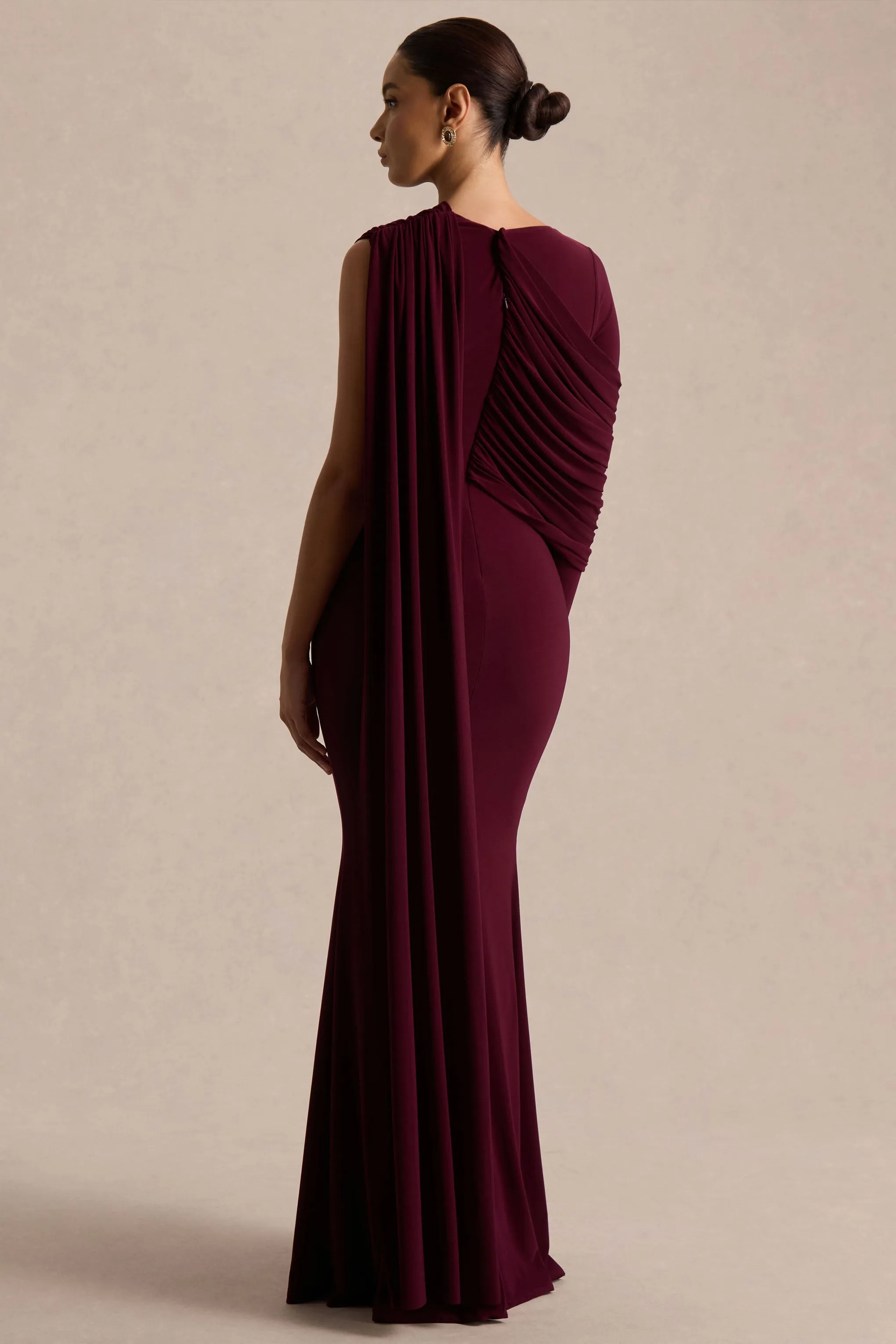 Rubelle | Burgundy Asymmetric Neck Maxi Dress With Draped Detailing sold by Club L London product image thumbnail 2