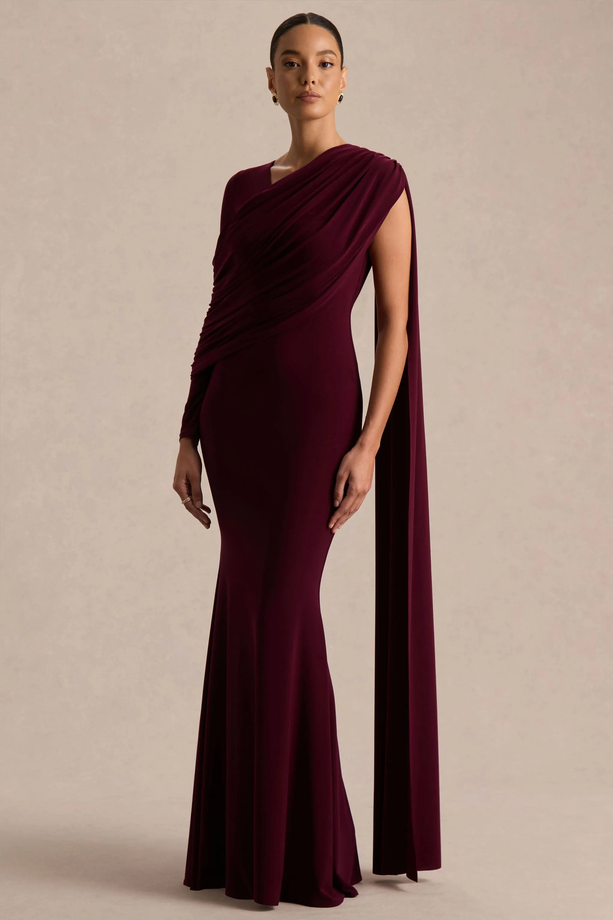 Rubelle | Burgundy Asymmetric Neck Maxi Dress With Draped Detailing sold by Club L London product image thumbnail 3
