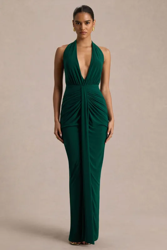 Lesley | Bottle Green Plunge-Neck Maxi Dress sold by Club L London