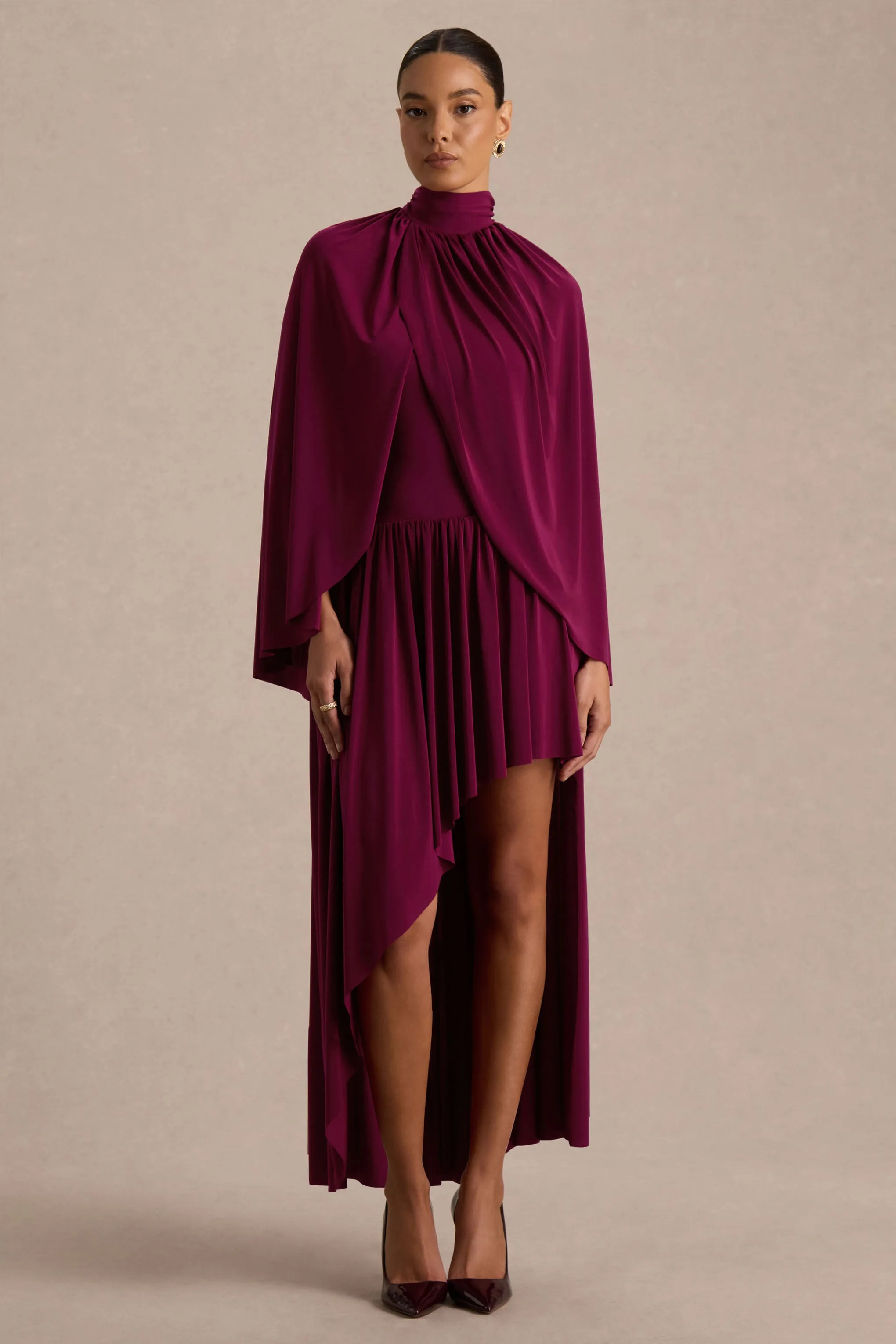 Honora | Burgundy High-Neck Midi Dress With Cape-Sleeves sold by Club L London product image thumbnail 5