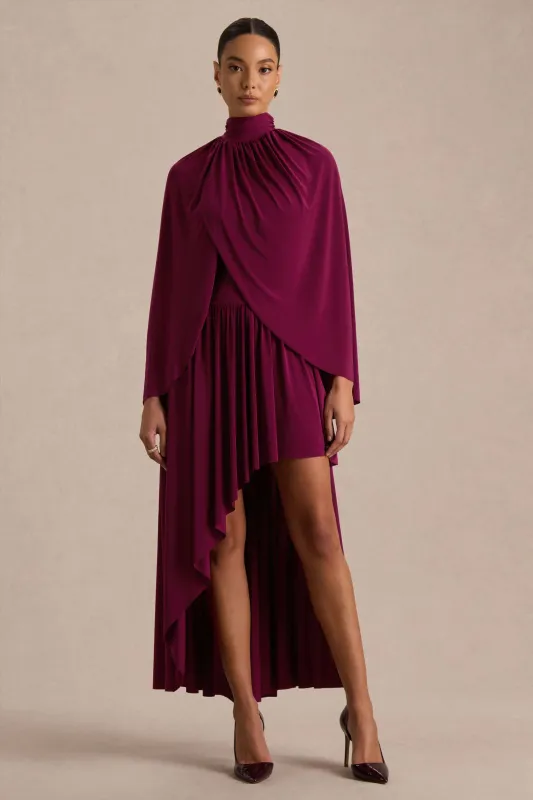 Honora | Burgundy High-Neck Midi Dress With Cape-Sleeves sold by Club L London