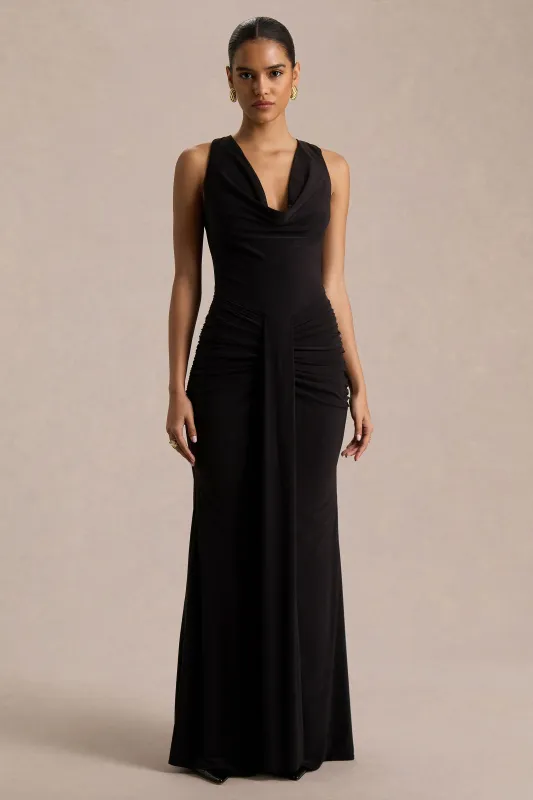 Mallie | Black Cowl-Neck Maxi Dress With Gathered-Detailing sold by Club L London
