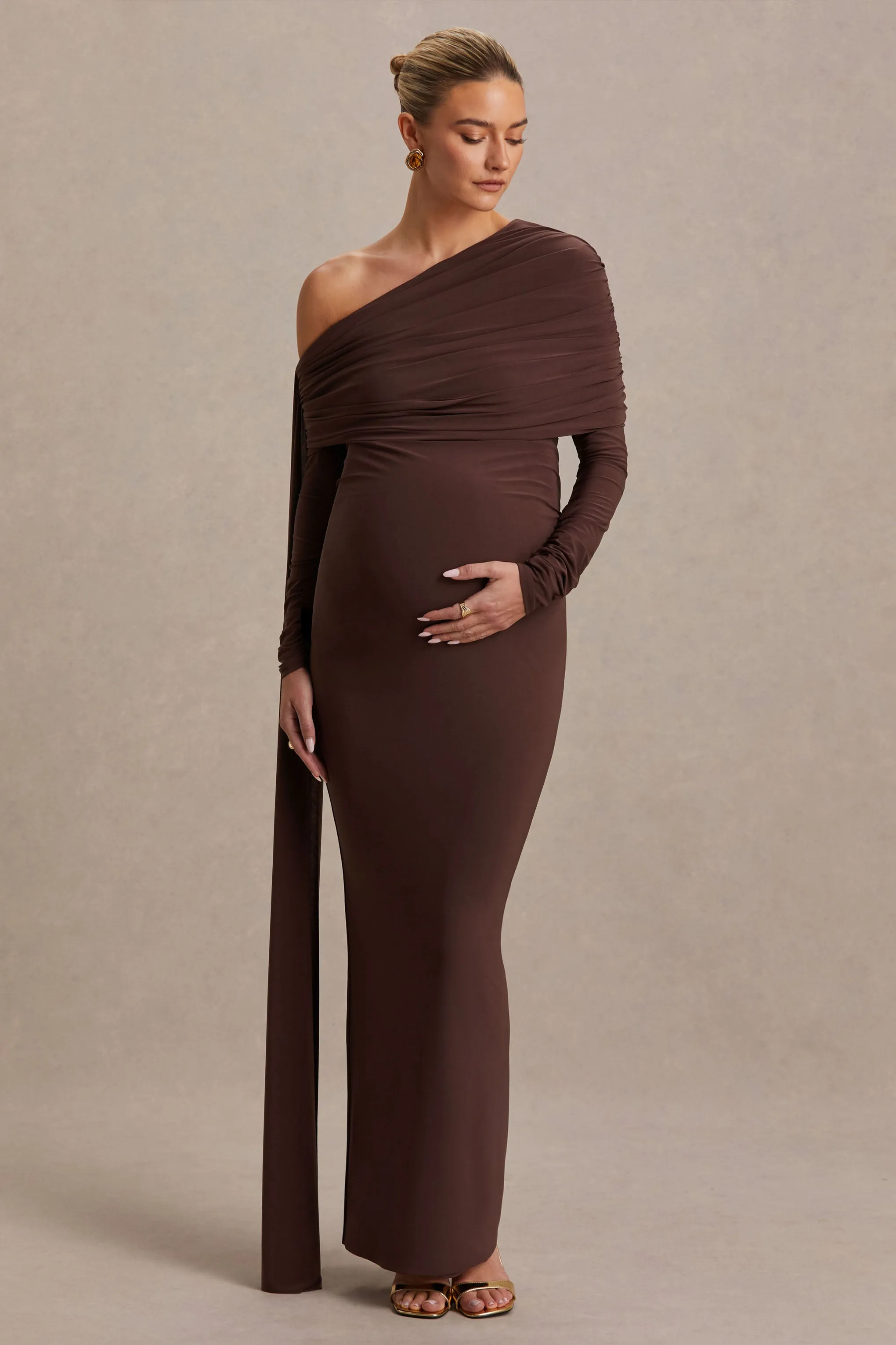 Cyra | Brown Bardot-Neck Maternity Maxi Dress With Sash sold by Club L London product image thumbnail 5