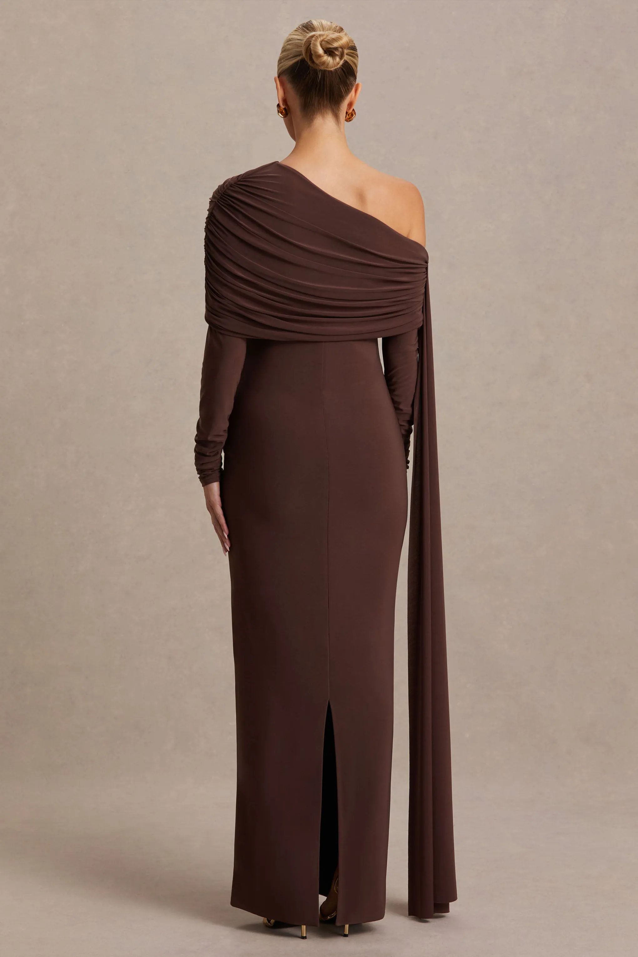 Cyra | Brown Bardot-Neck Maternity Maxi Dress With Sash sold by Club L London product image thumbnail 2