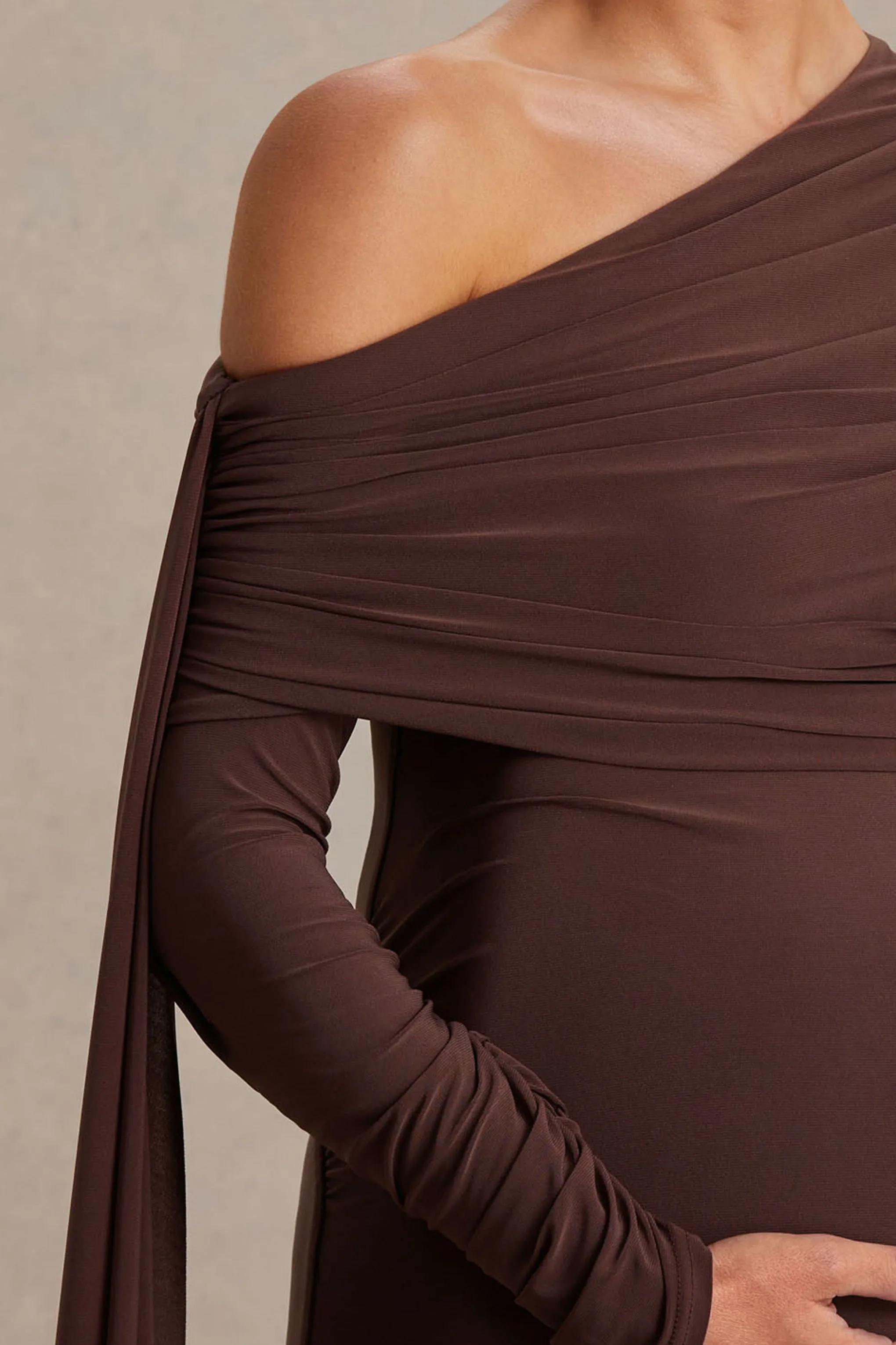 Cyra | Brown Bardot-Neck Maternity Maxi Dress With Sash sold by Club L London product image thumbnail 3
