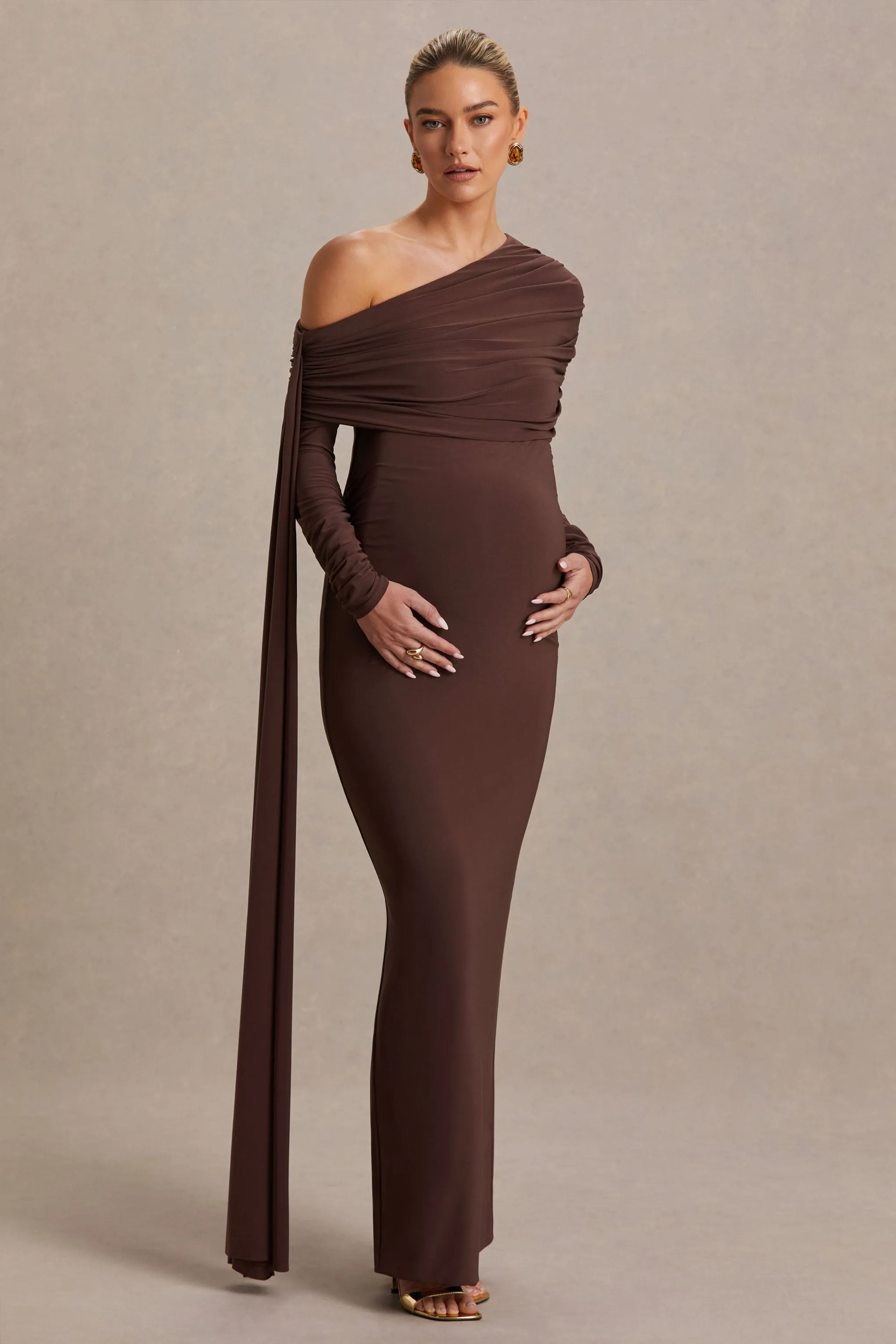 Cyra | Brown Bardot-Neck Maternity Maxi Dress With Sash sold by Club L London product image thumbnail 4