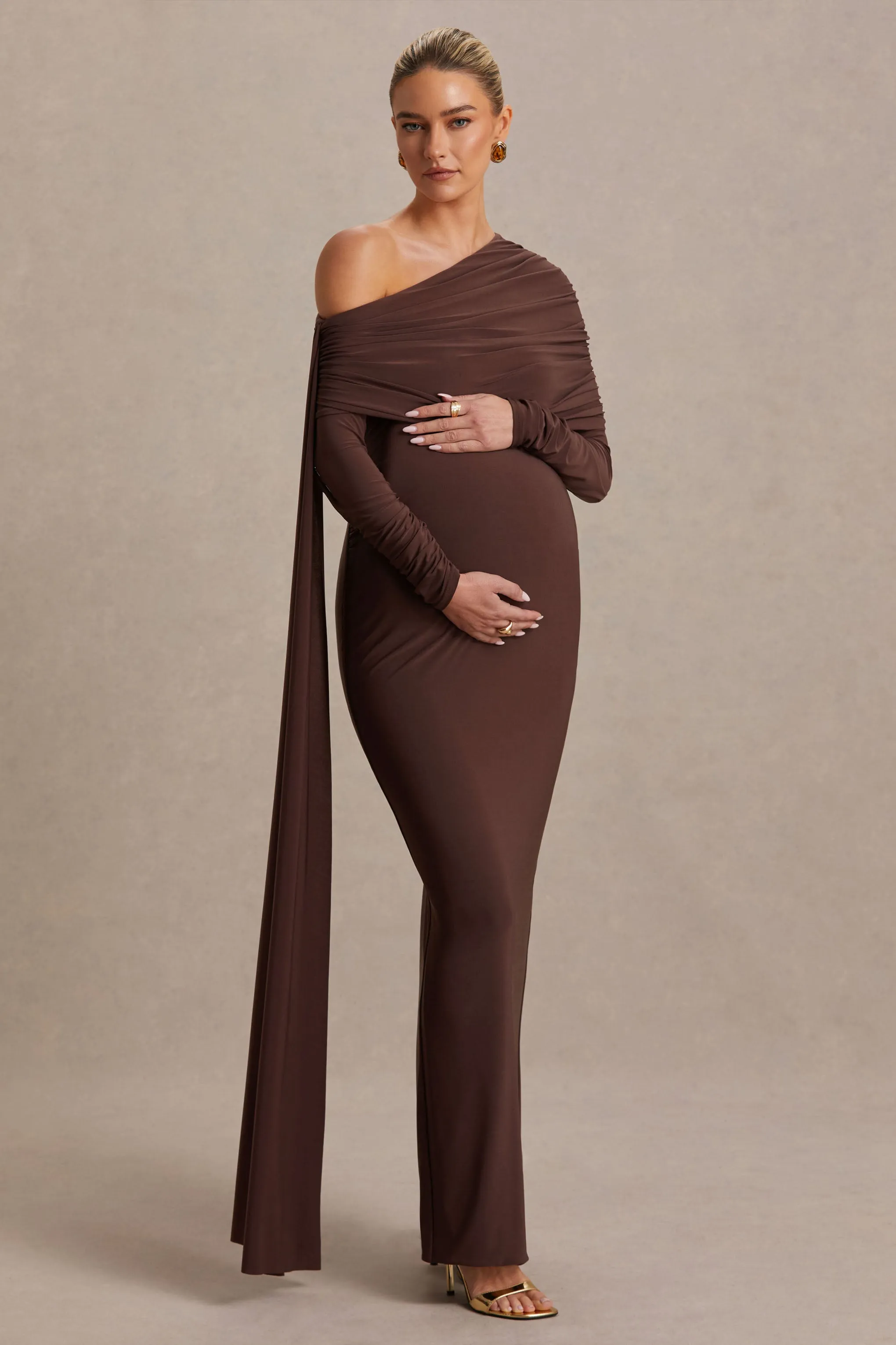 Cyra | Brown Bardot-Neck Maternity Maxi Dress With Sash sold by Club L London