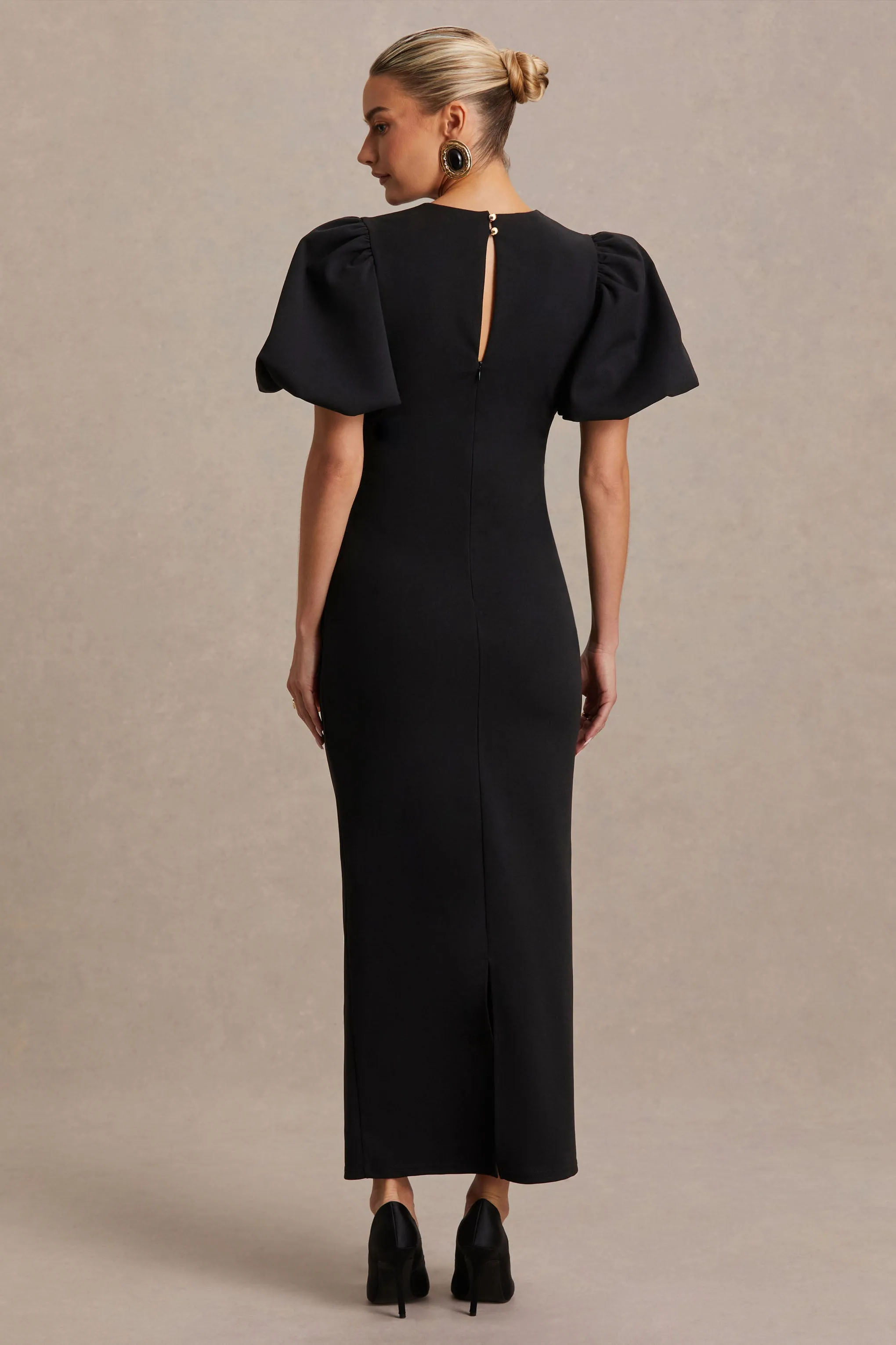 Luna | Black Crew-Neck Maternity Midi Dress With Puff-Sleeves sold by Club L London product image thumbnail 2