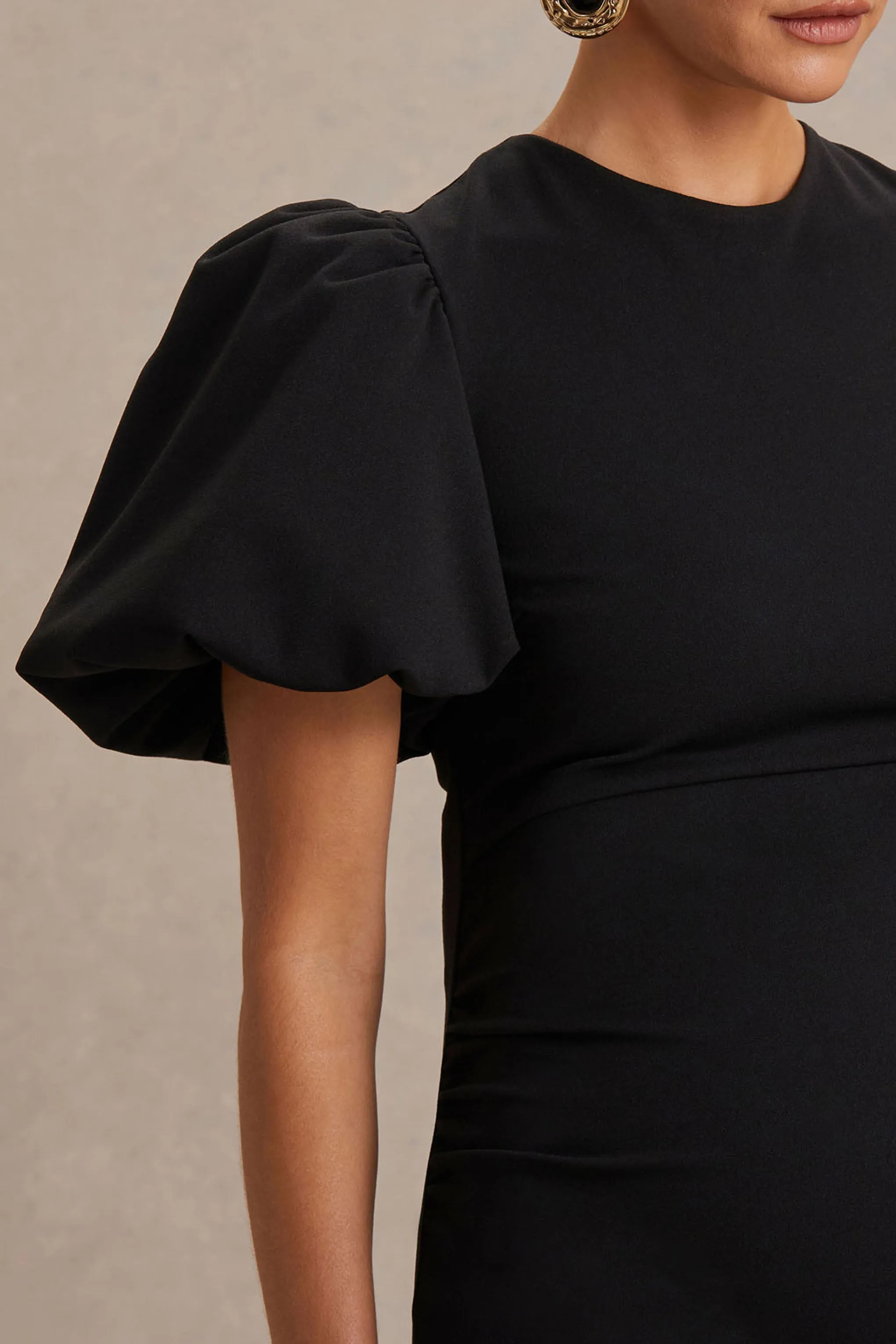 Luna | Black Crew-Neck Maternity Midi Dress With Puff-Sleeves sold by Club L London product image thumbnail 3