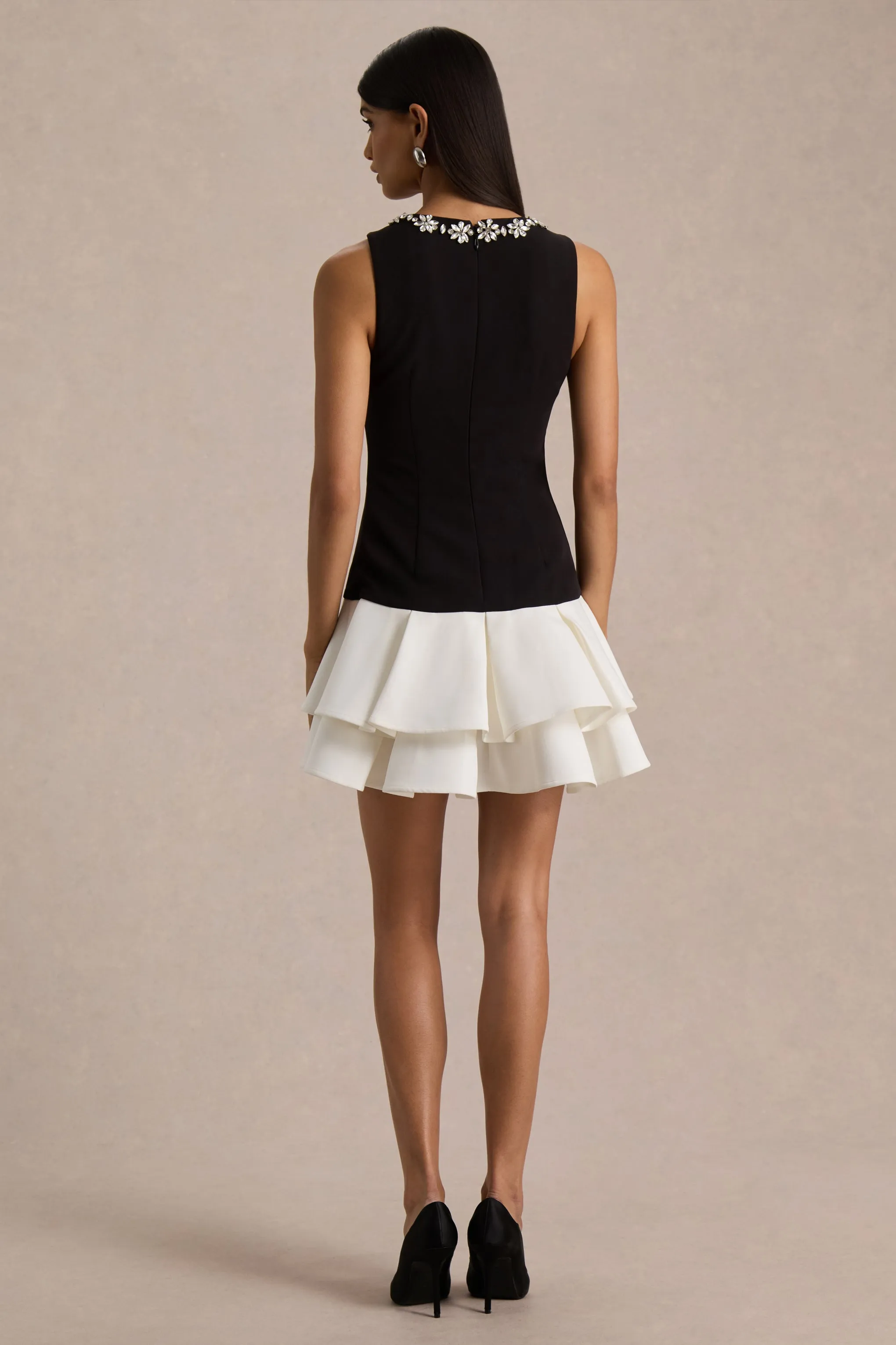 Nalani | Black And White Crew-Neck Mini Dress With Embellishment And Ruffled Detailing sold by Club L London product image thumbnail 2