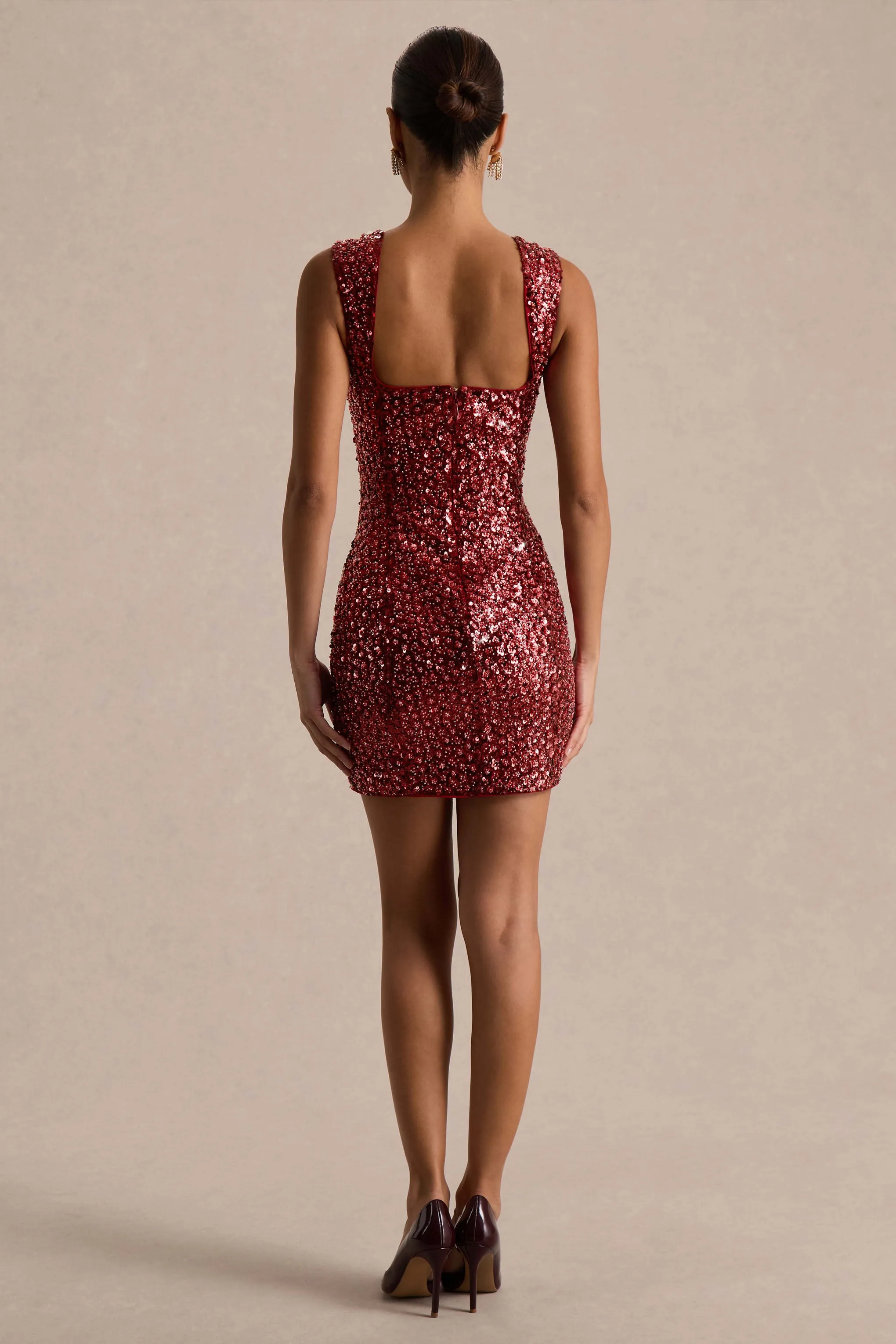 Elettra | Burgundy Sequin Square-Neck Mini Dress sold by Club L London product image thumbnail 2