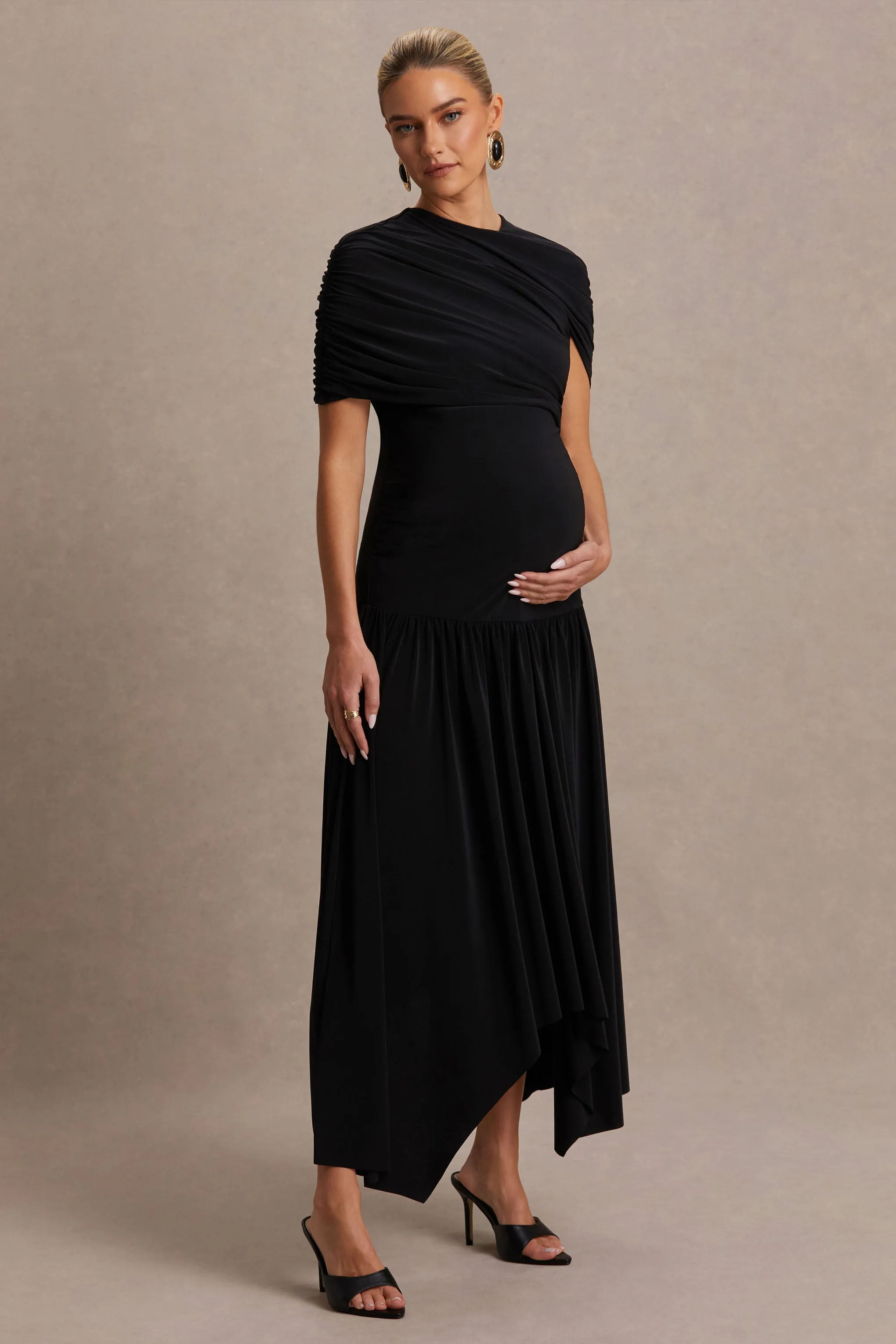 Eleni | Black Crew-Neck Maternity Maxi Dress With Cape-Sleeves And Drop Waist sold by Club L London product image thumbnail 5