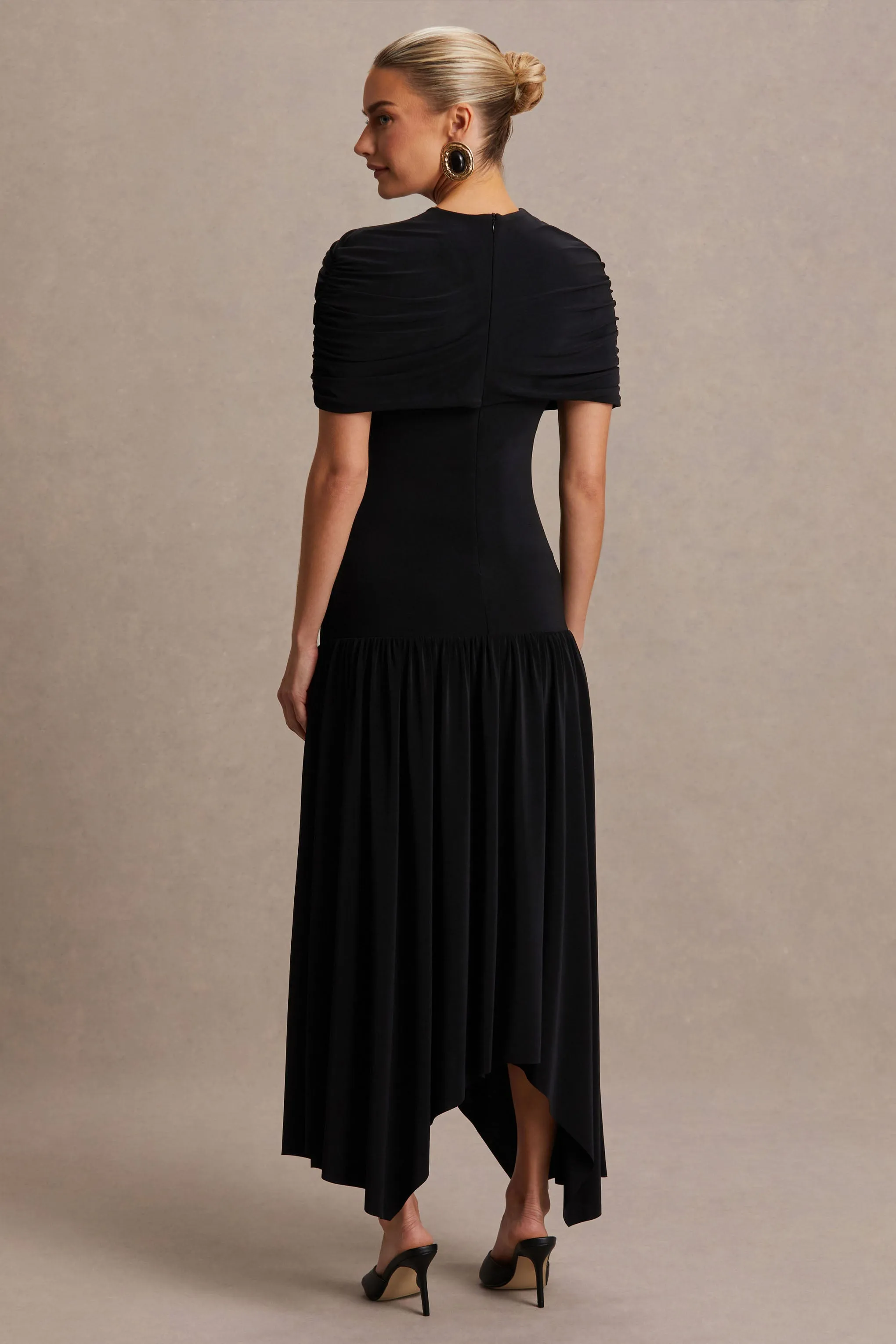 Eleni | Black Crew-Neck Maternity Maxi Dress With Cape-Sleeves And Drop Waist sold by Club L London product image thumbnail 2