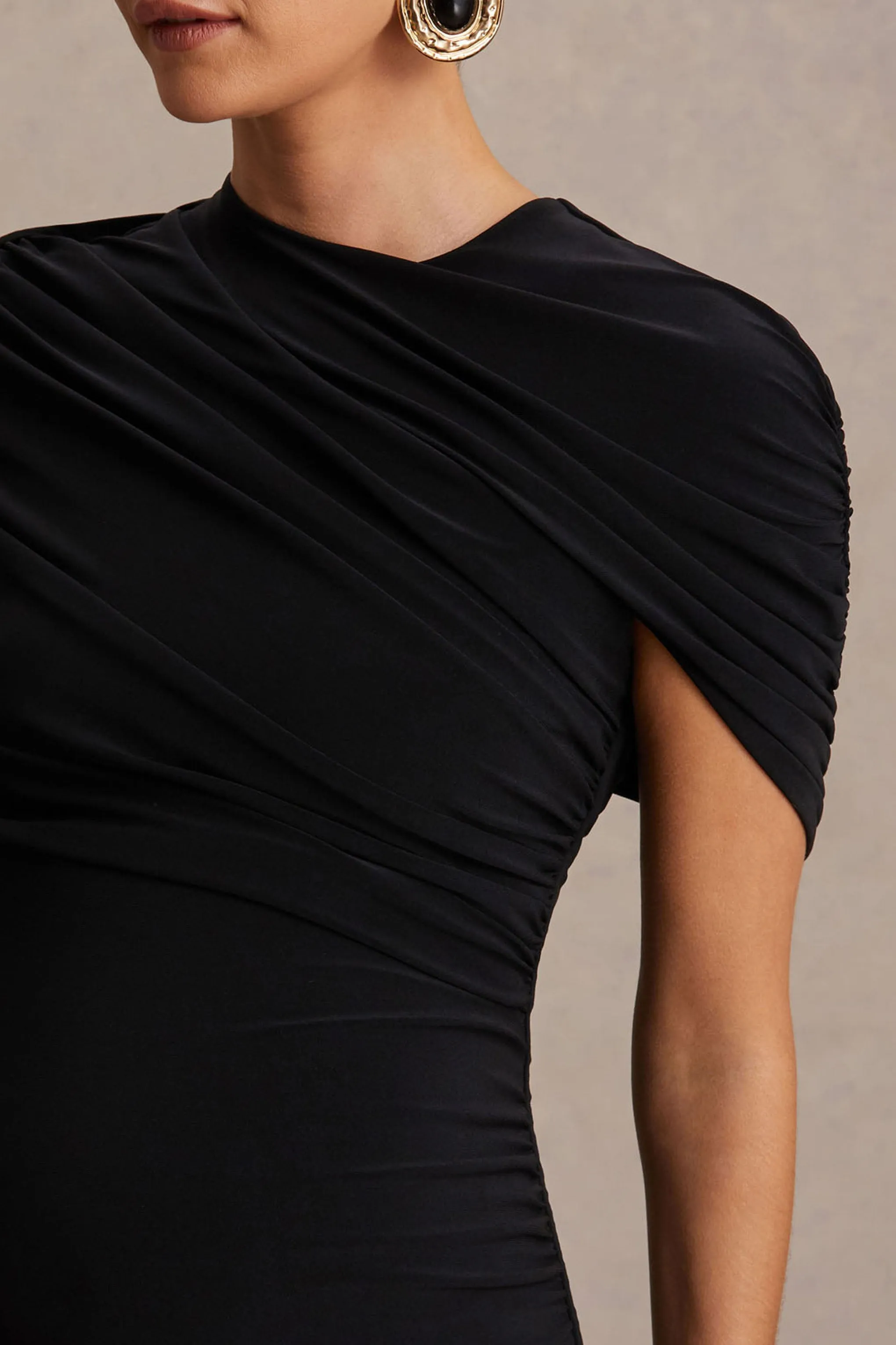 Eleni | Black Crew-Neck Maternity Maxi Dress With Cape-Sleeves And Drop Waist sold by Club L London product image thumbnail 3
