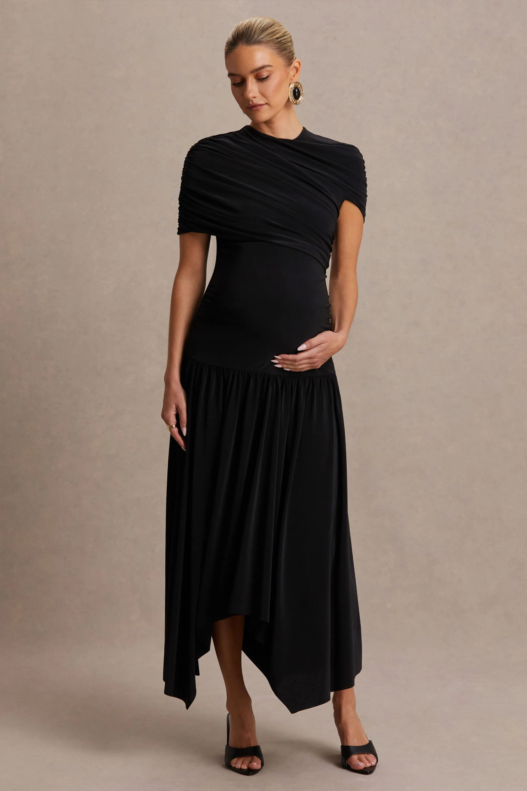 Eleni | Black Crew-Neck Maternity Maxi Dress With Cape-Sleeves And Drop Waist sold by Club L London product image thumbnail 4
