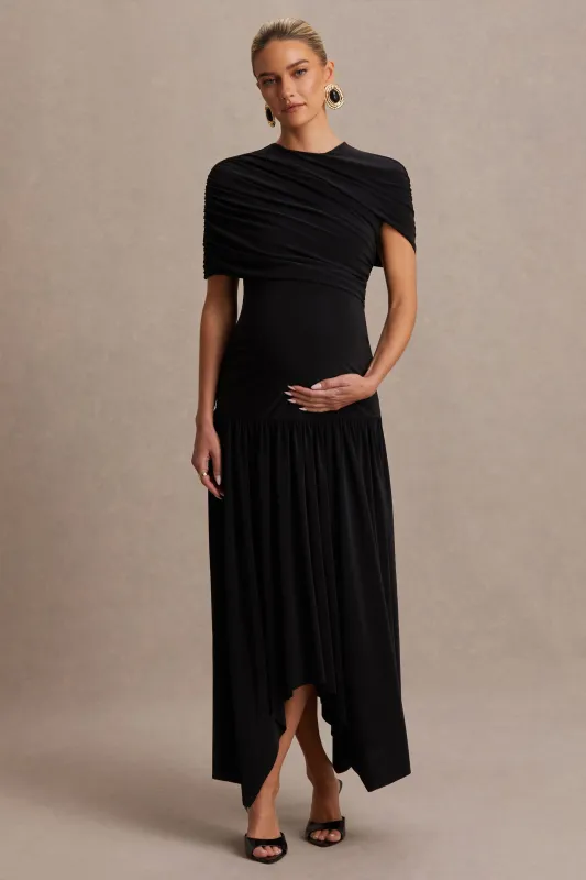 Eleni | Black Crew-Neck Maternity Maxi Dress With Cape-Sleeves And Drop Waist sold by Club L London