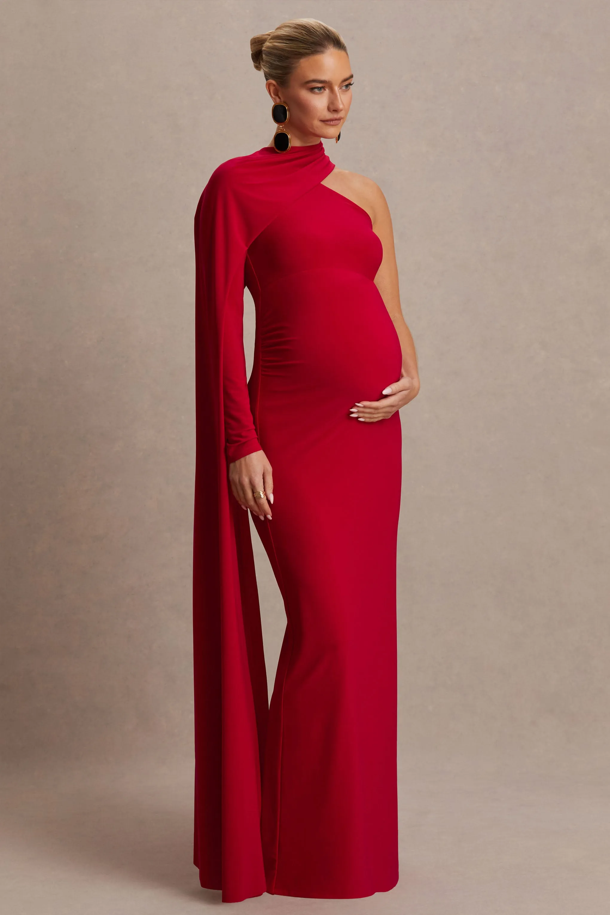Tessy | Red Asymmetric-Neck Maternity Maxi Dress With Cape-Sleeve sold by Club L London product image thumbnail 5