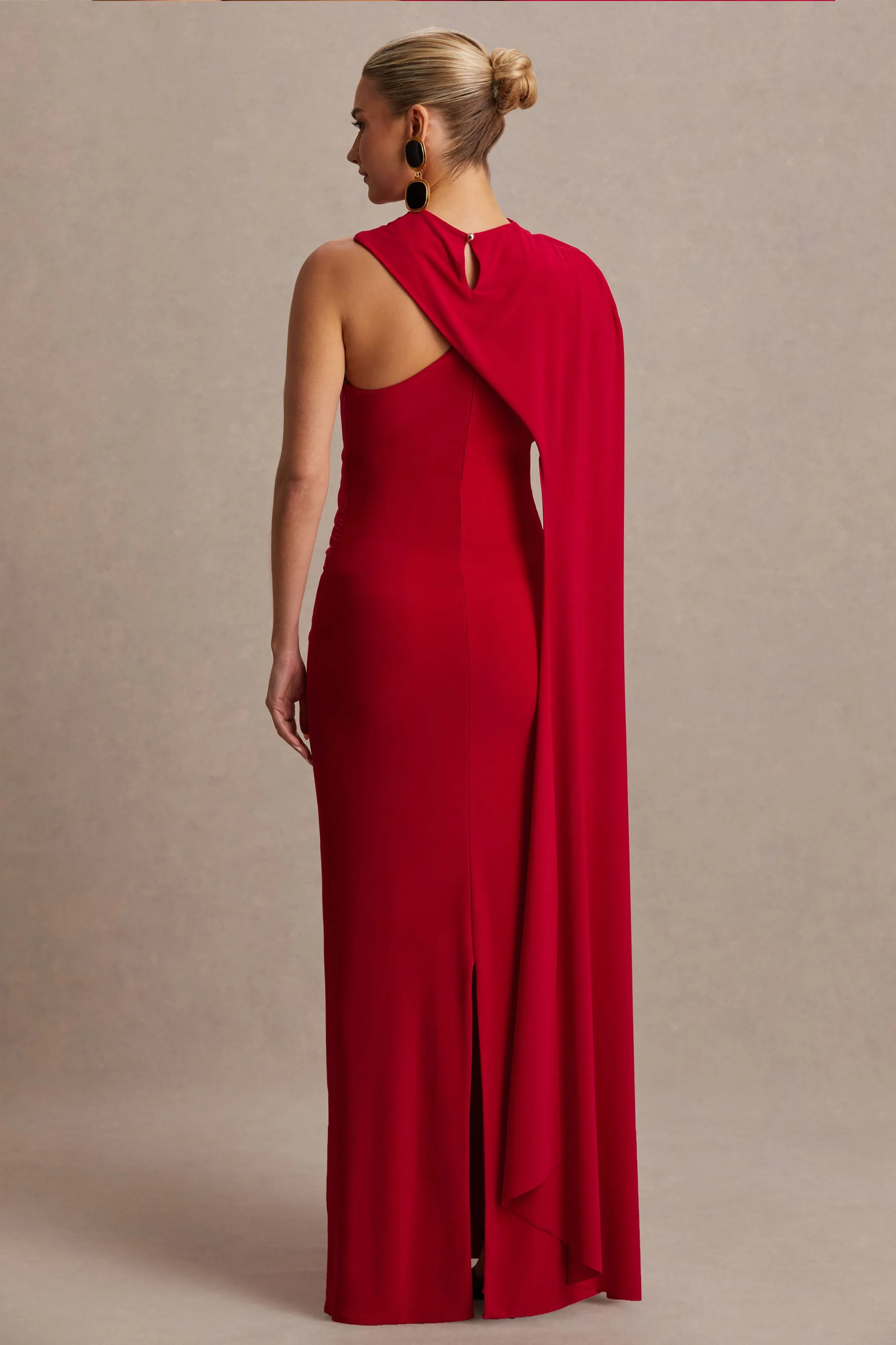 Tessy | Red Asymmetric-Neck Maternity Maxi Dress With Cape-Sleeve sold by Club L London product image thumbnail 2