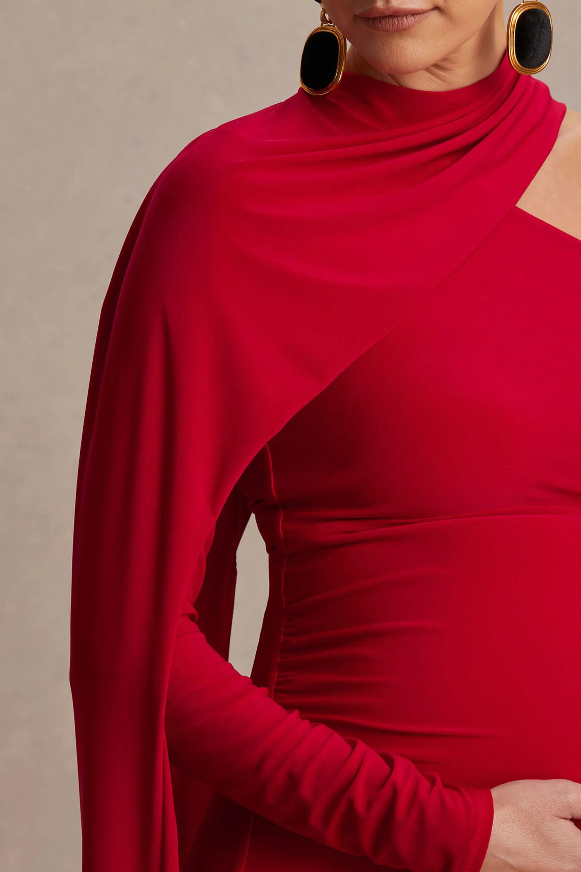 Tessy | Red Asymmetric-Neck Maternity Maxi Dress With Cape-Sleeve sold by Club L London product image thumbnail 3