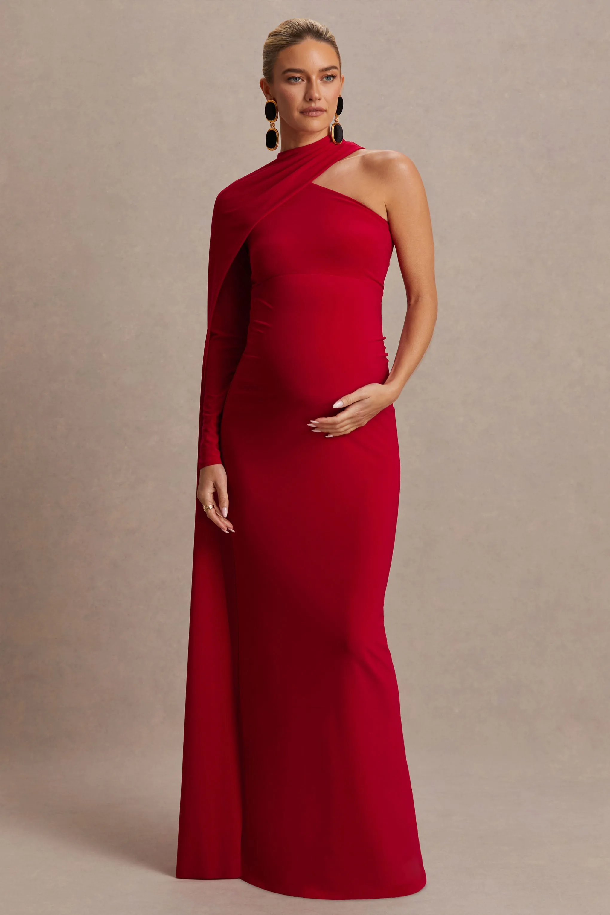 Tessy | Red Asymmetric-Neck Maternity Maxi Dress With Cape-Sleeve sold by Club L London product image thumbnail 4