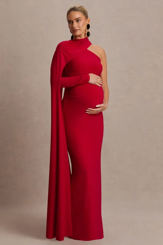 Tessy | Red Asymmetric-Neck Maternity Maxi Dress With Cape-Sleeve sold by Club L London