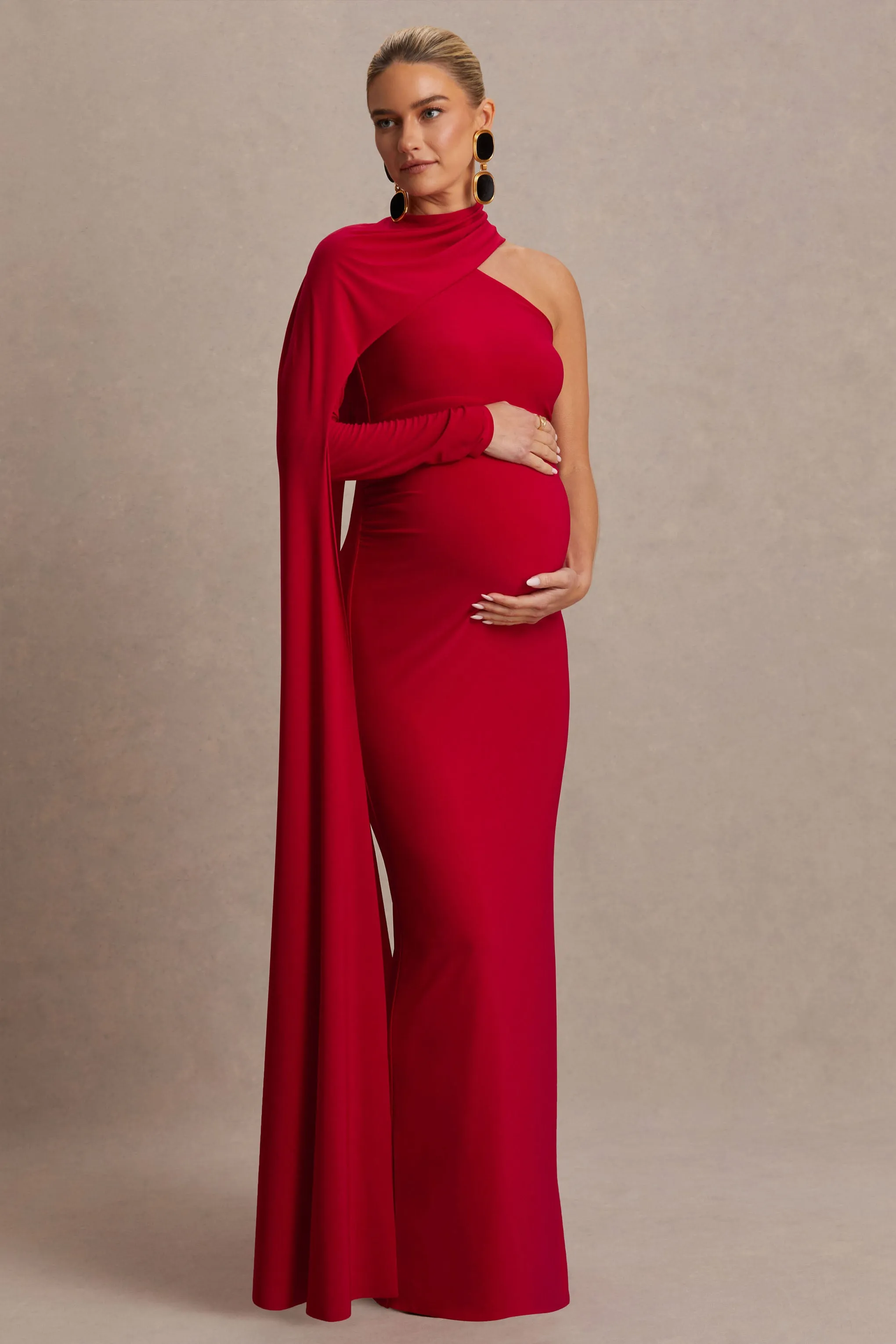 Tessy | Red Asymmetric-Neck Maternity Maxi Dress With Cape-Sleeve sold by Club L London