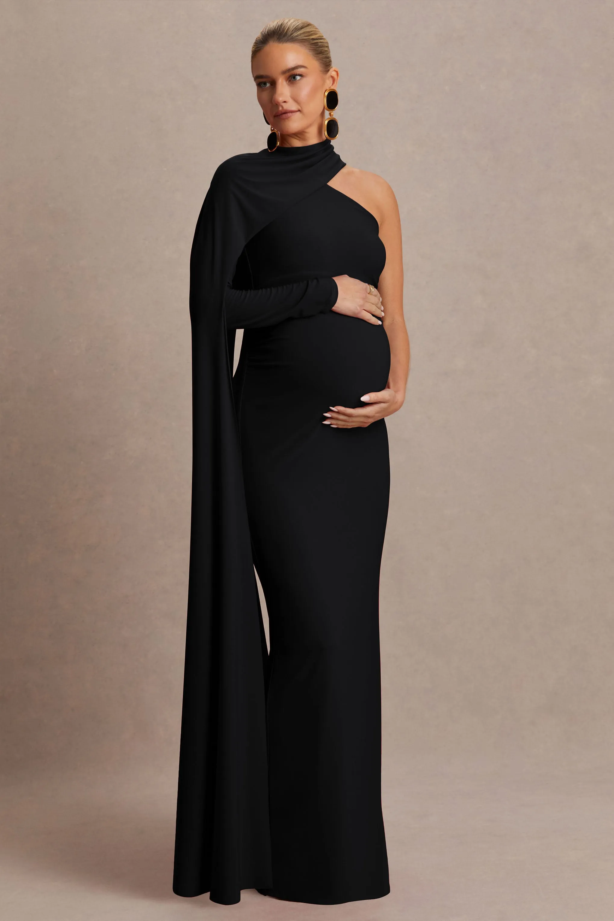 Tessy | Black Asymmetric-Neck Maternity Maxi Dress With Cape-Sleeve sold by Club L London product image thumbnail 5