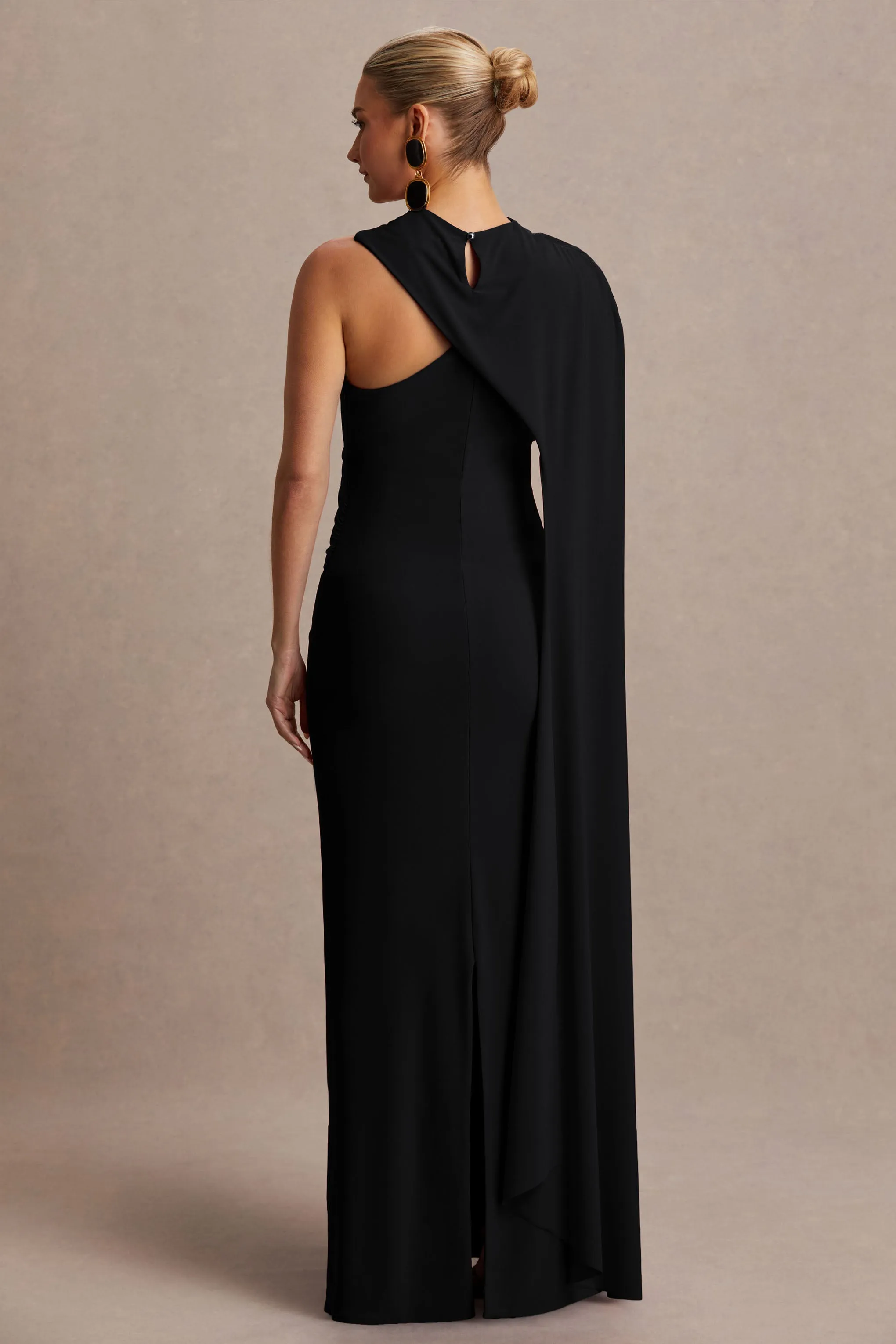 Tessy | Black Asymmetric-Neck Maternity Maxi Dress With Cape-Sleeve sold by Club L London product image thumbnail 2