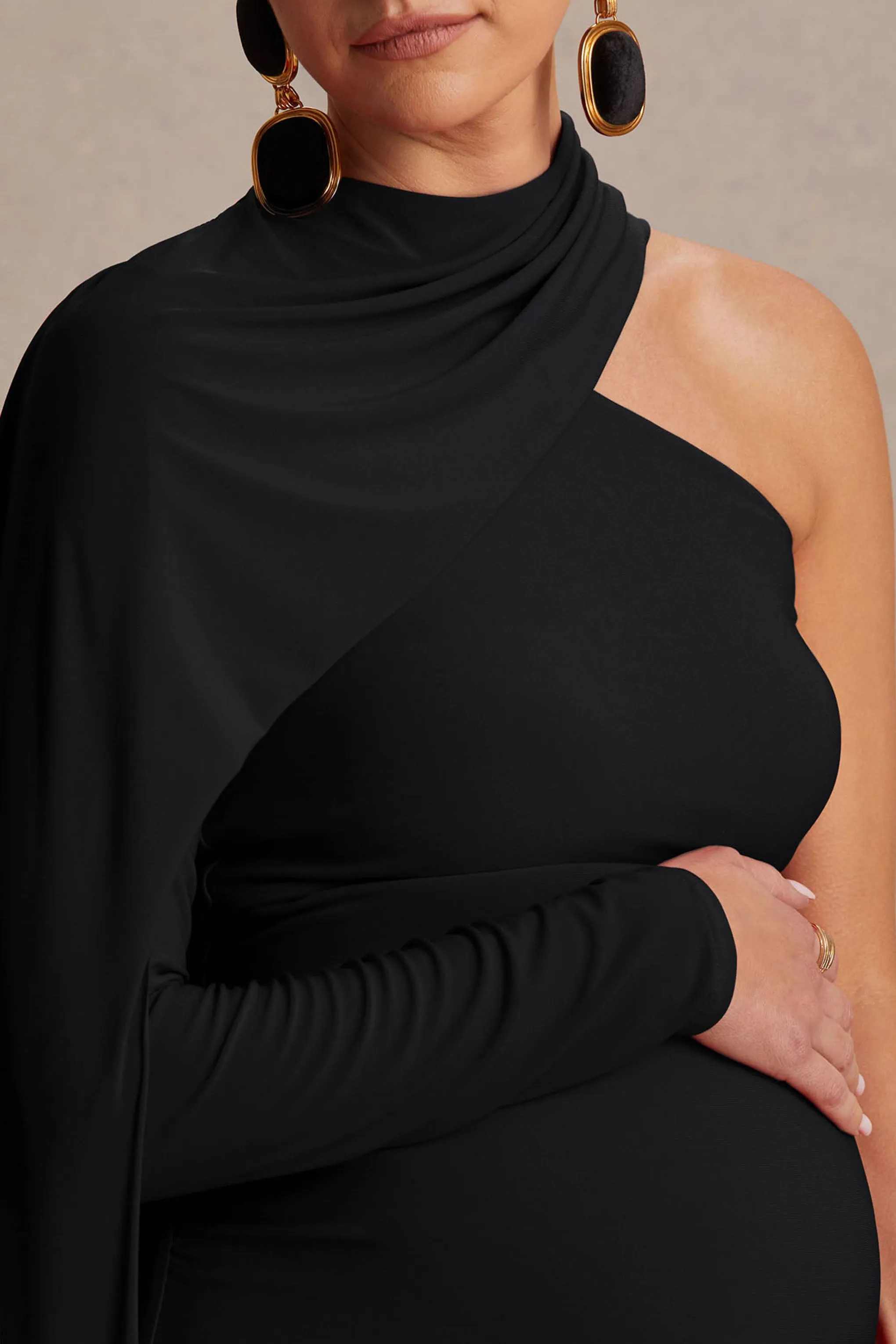 Tessy | Black Asymmetric-Neck Maternity Maxi Dress With Cape-Sleeve sold by Club L London product image thumbnail 3