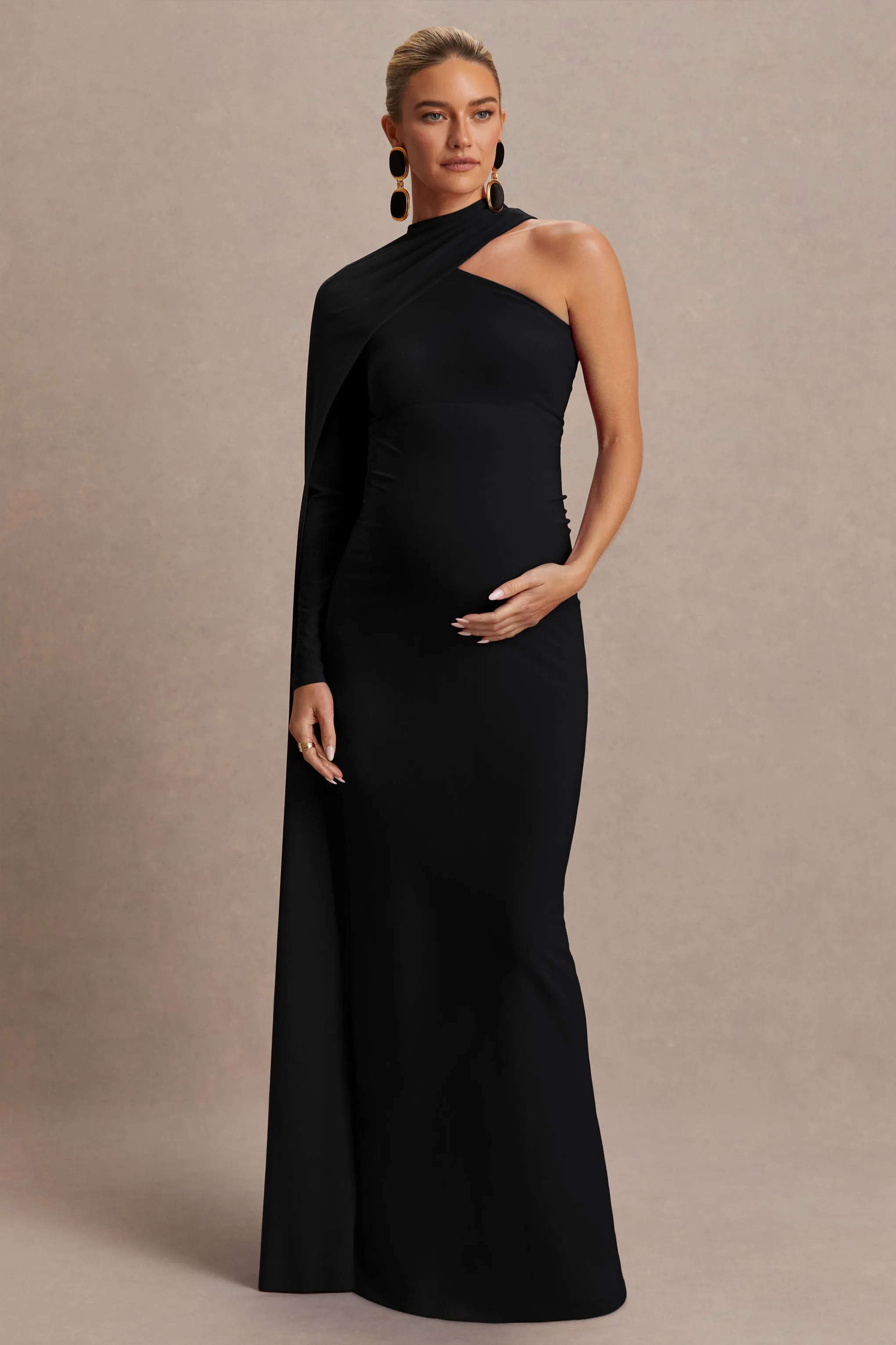 Tessy | Black Asymmetric-Neck Maternity Maxi Dress With Cape-Sleeve sold by Club L London product image thumbnail 4