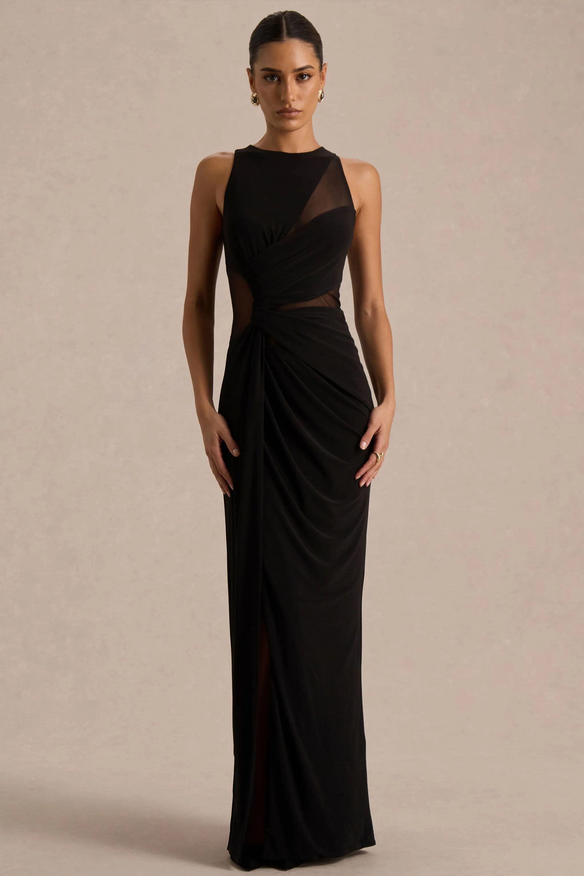 Opaline | Black Crew-Neck Maxi Dress With Cape-Sleeve sold by Club L London