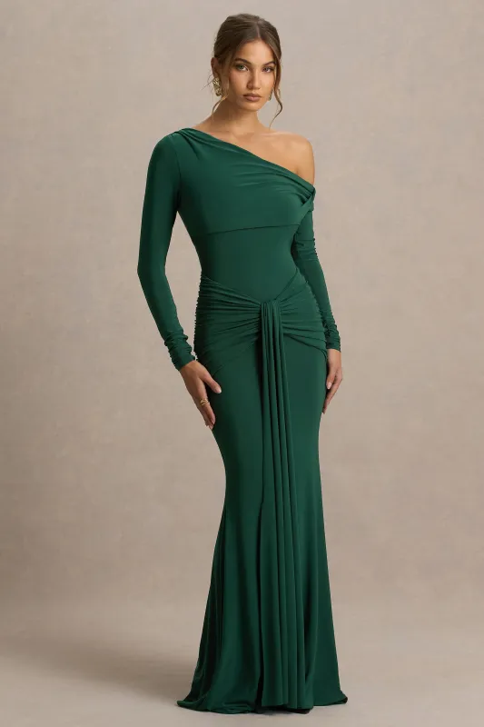 Clover | Dark Green Asymmetric-Neck Wrapped Maxi Dress With Sash sold by Club L London