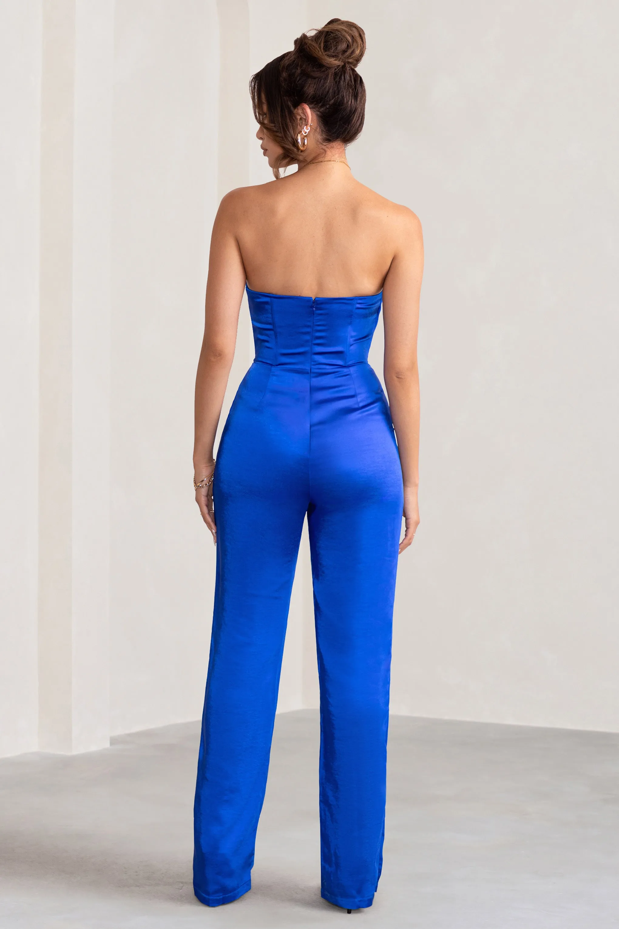 Amiah | Cobalt Blue Satin Strapless Straight Leg Jumpsuit sold by Club L London product image thumbnail 2
