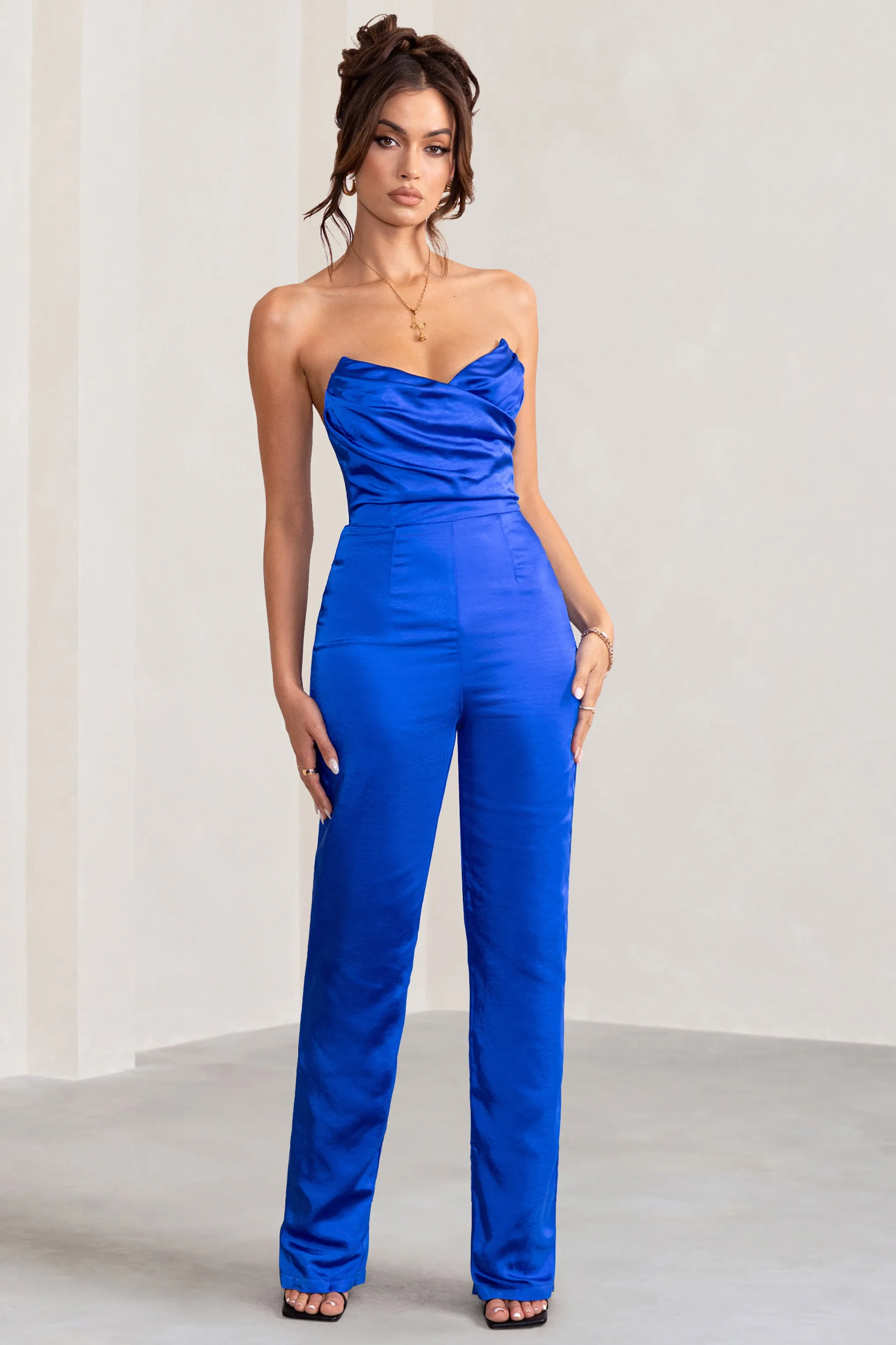 Amiah | Cobalt Blue Satin Strapless Straight Leg Jumpsuit sold by Club L London product image thumbnail 4