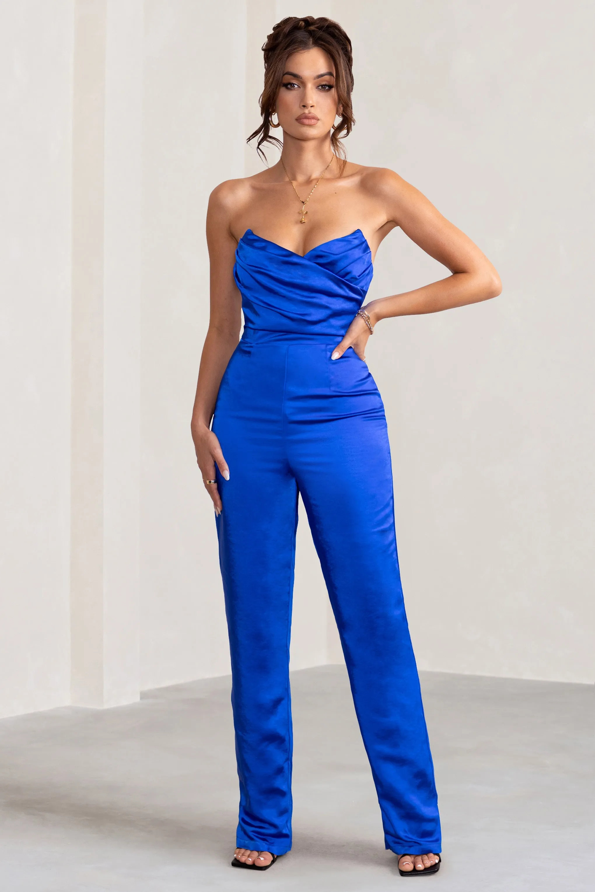 Amiah | Cobalt Blue Satin Strapless Straight Leg Jumpsuit sold by Club L London product image thumbnail 5