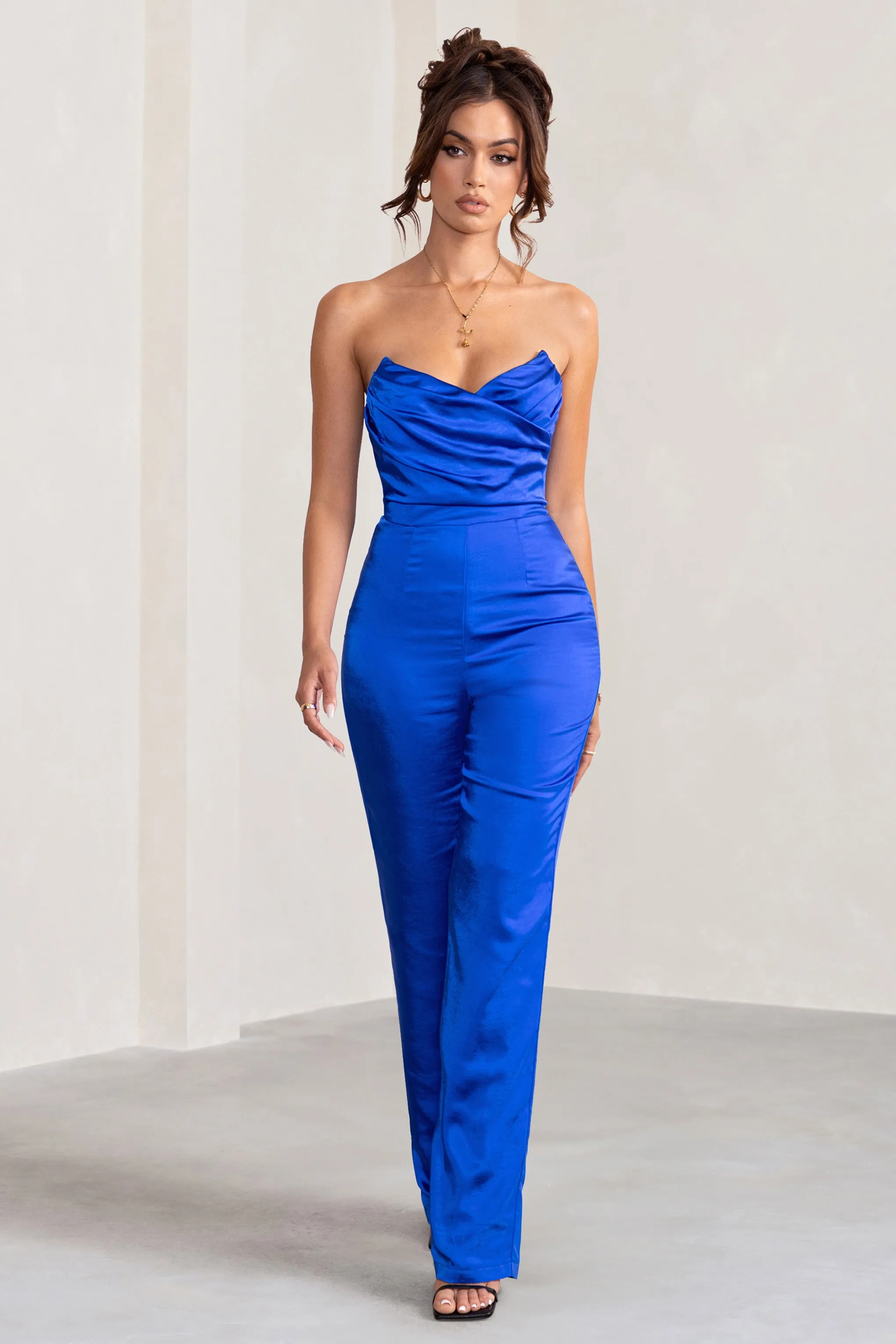 Amiah | Cobalt Blue Satin Strapless Straight Leg Jumpsuit sold by Club L London