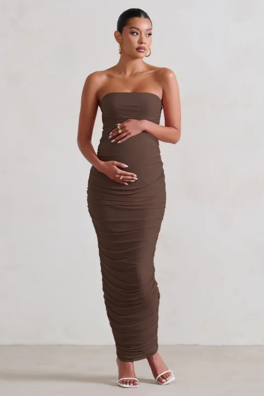 My Lady | Maternity Chocolate Brown Strapless Bodycon Ruched Mesh Maxi Dress sold by Club L London