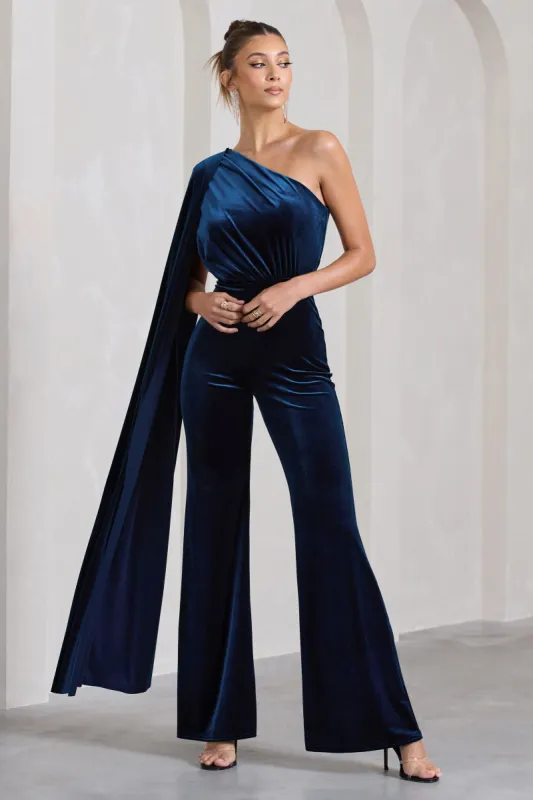 Aurora | Navy Velvet One Shoulder Cape Sleeve Jumpsuit sold by Club L London