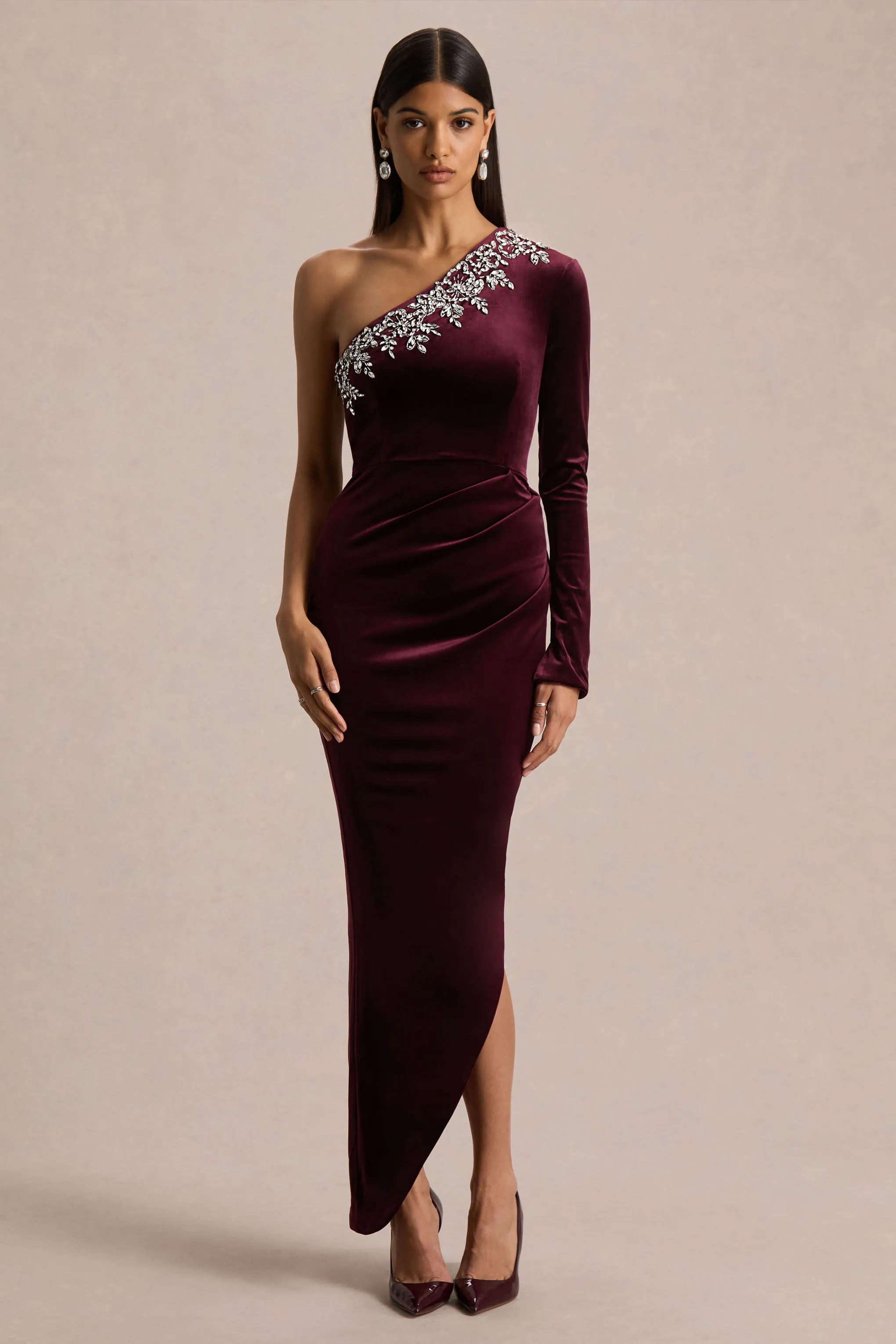 Nyssa | Burgundy Embellished Asymmetric-Neck Maxi Dress sold by Club L London product image thumbnail 5